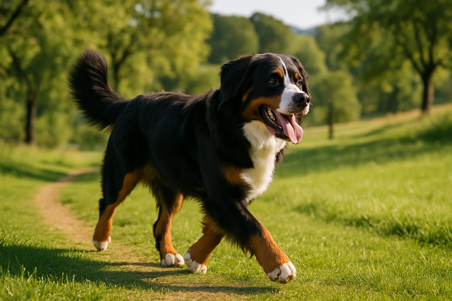 A Bernese Mountain Dog walking on a grassy path in a sunny park with trees and hills in the background.