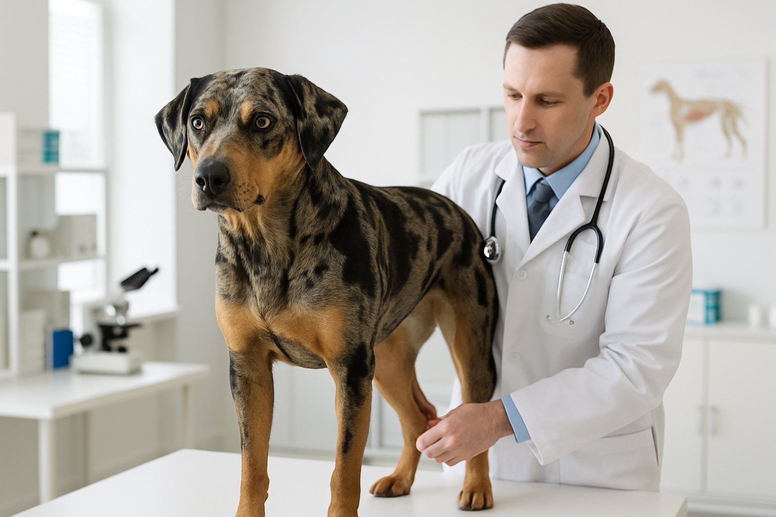 A veterinarian examining the hips of a Catahoula Leopard dog on a table in a veterinary clinic.