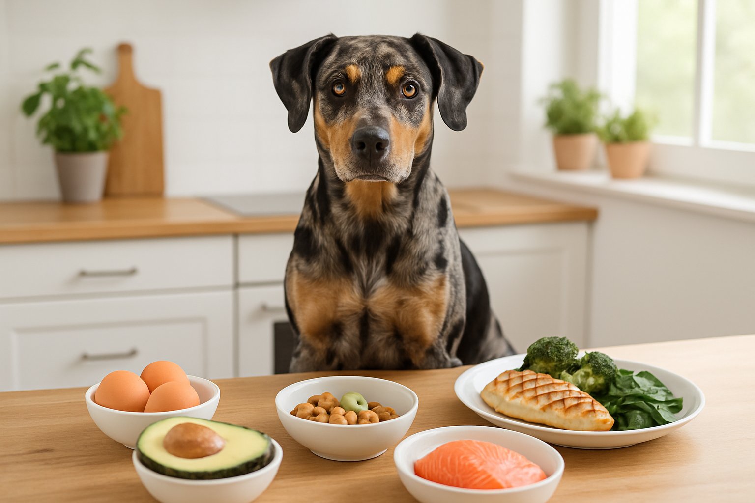 A healthy Catahoula Leopard dog sitting in a kitchen surrounded by bowls of nutritious food including chicken, salmon, eggs, avocado, nuts, and vegetables.