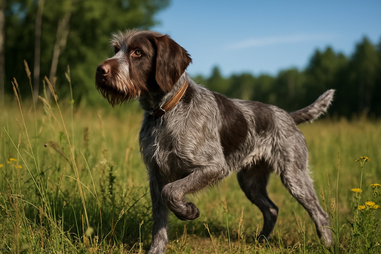A Wirehaired Pointing Griffon dog standing alert in a grassy field pointing forward with one paw raised, surrounded by wildflowers and trees in the background.