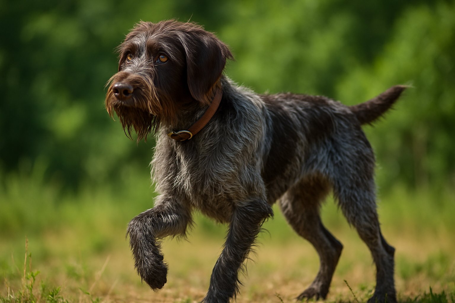 A Wirehaired Pointing Griffon dog standing alert in a natural outdoor setting with green foliage in the background.