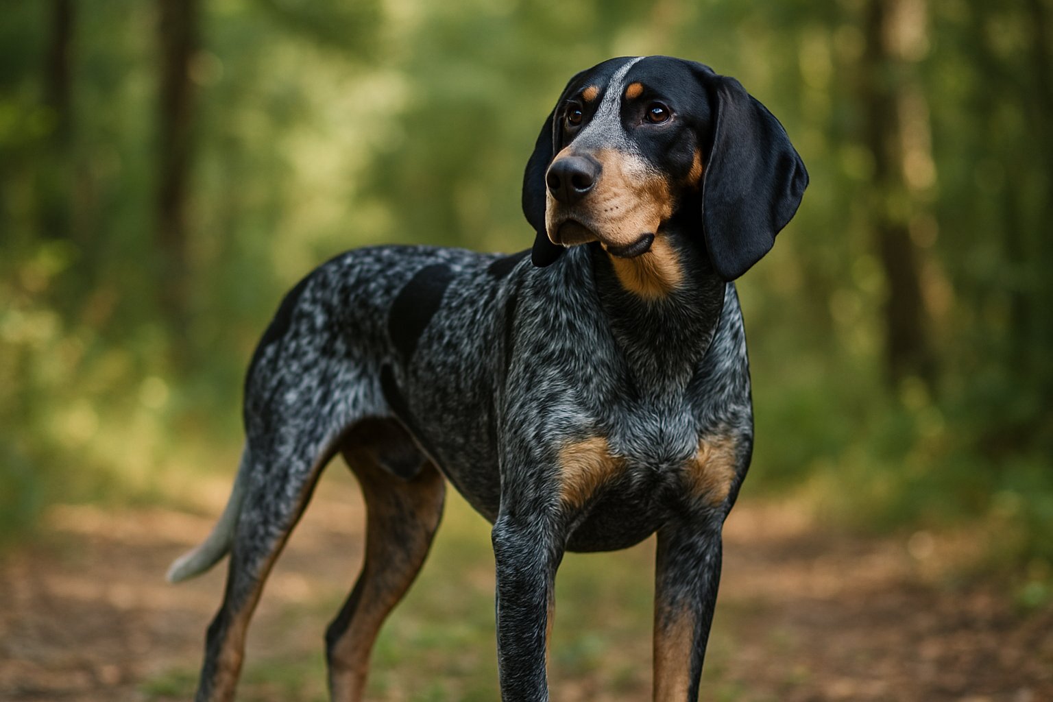 A Bluetick Coonhound standing alert in a green forest setting.