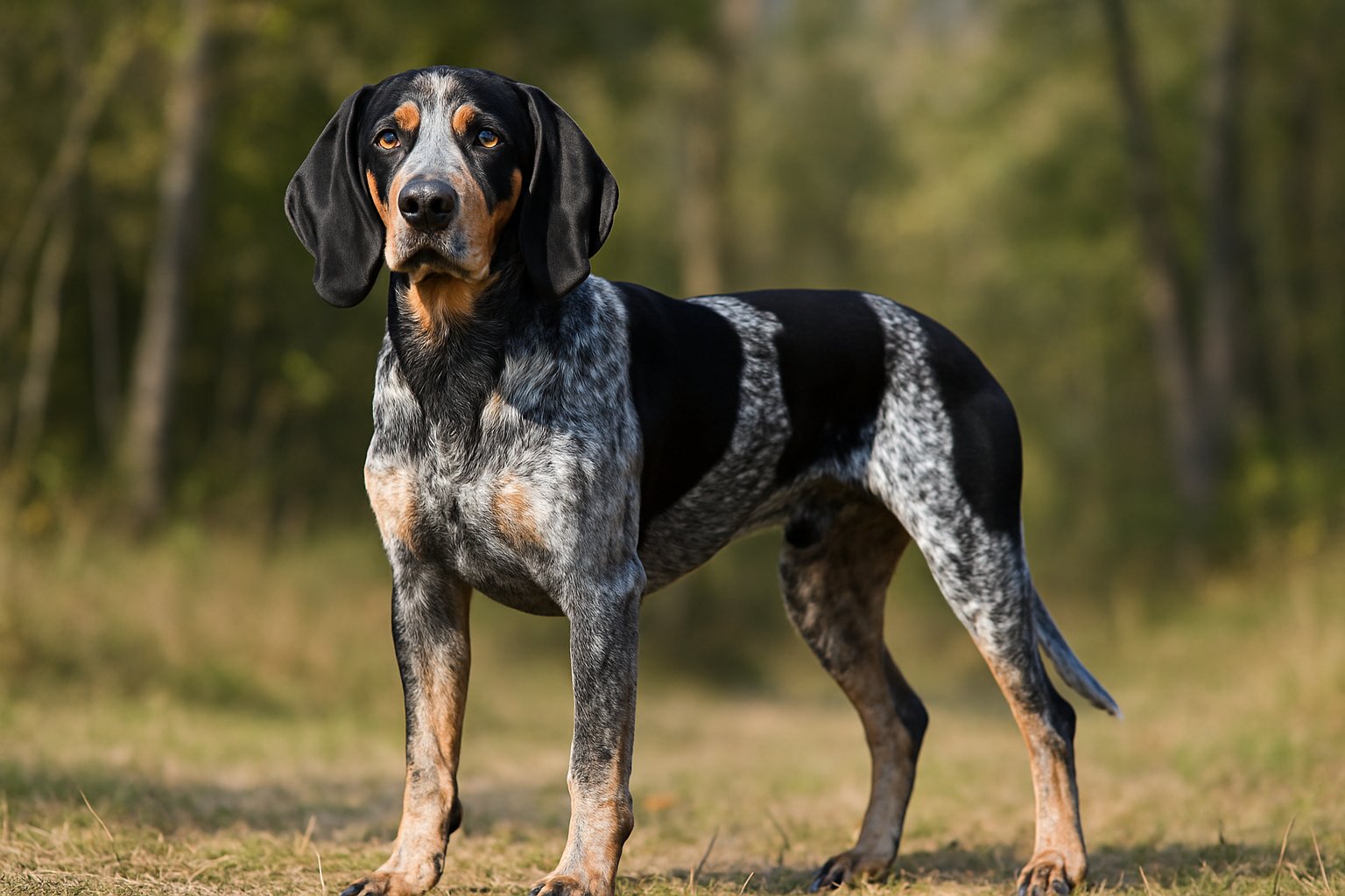 A medium-sized muscular Bluetick Coonhound standing alert outdoors in a natural forest setting.