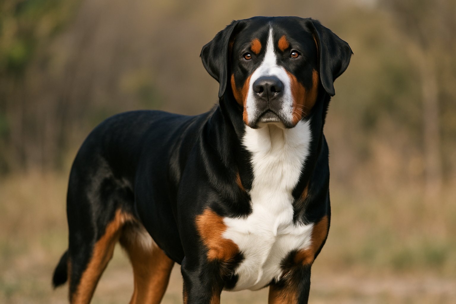 A Greater Swiss Mountain Dog standing outdoors showing its black, white, and rust colored coat.