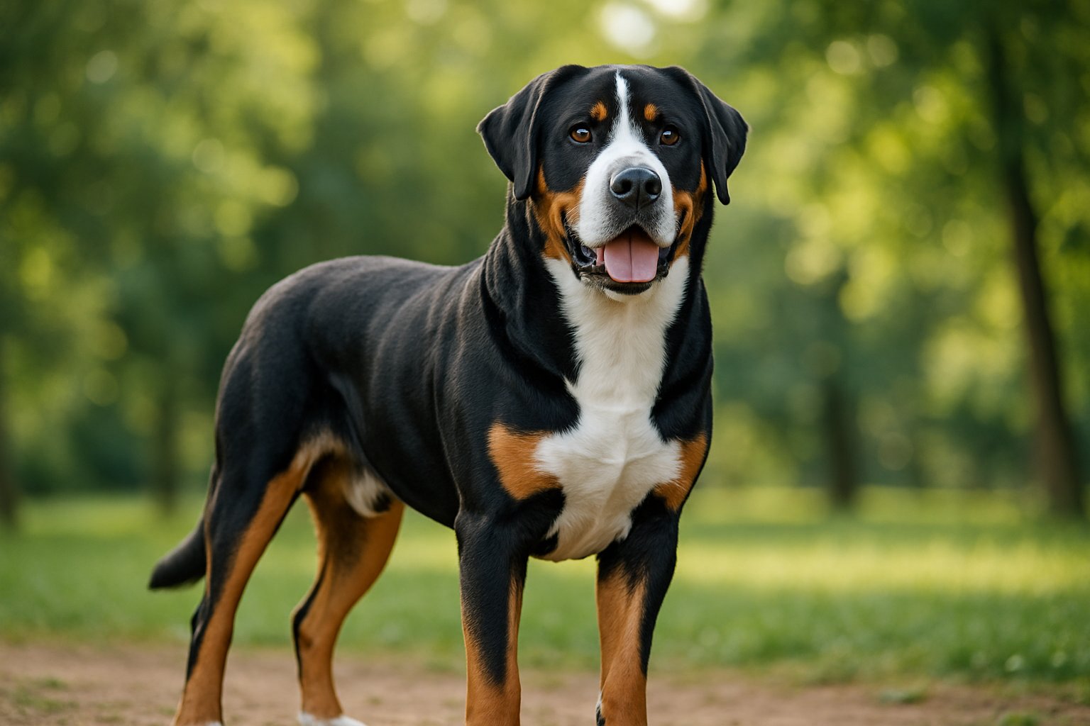 A Greater Swiss Mountain Dog standing outdoors in a green park, looking alert and friendly.