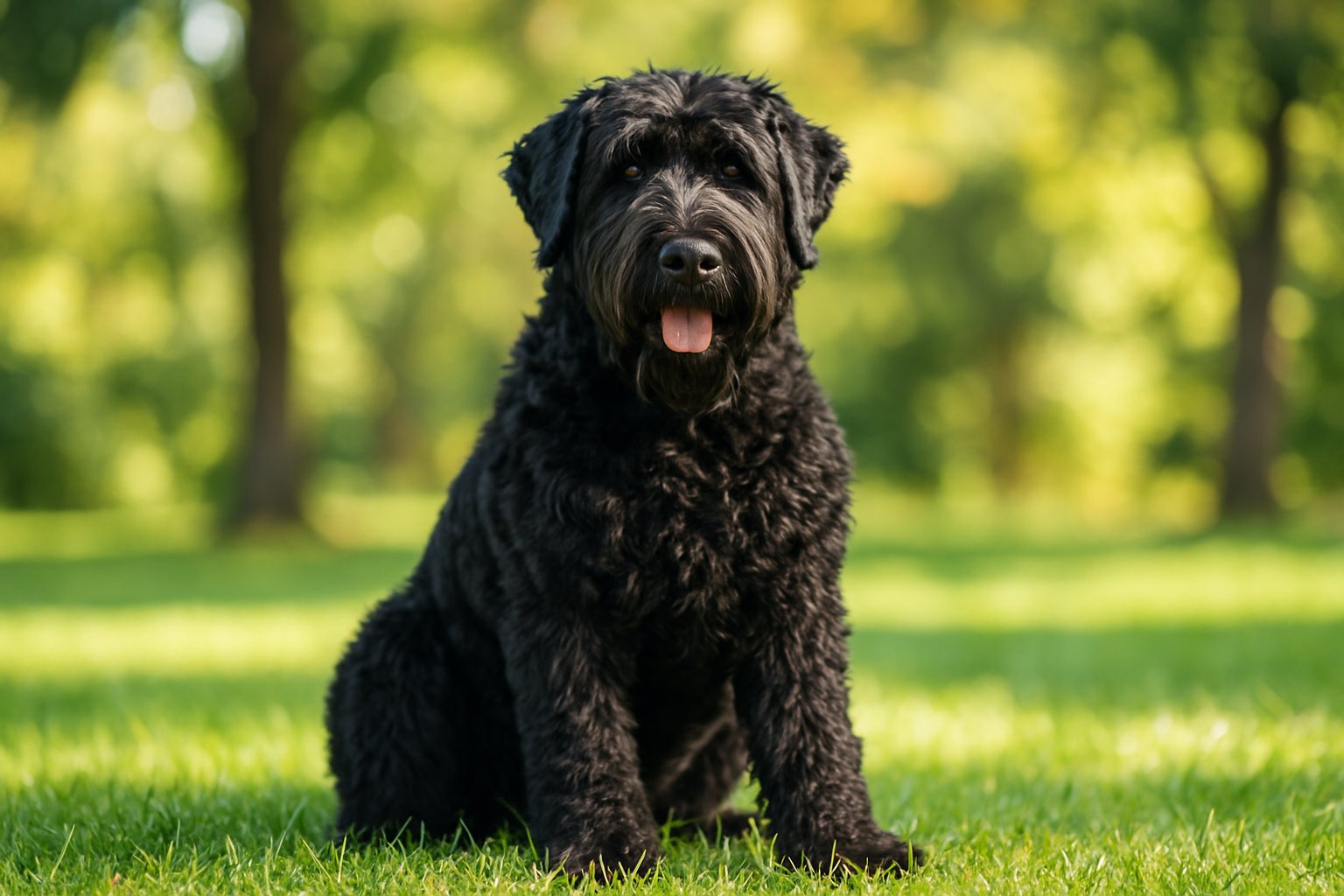 A Black Russian Terrier dog sitting on green grass outdoors with trees in the background.