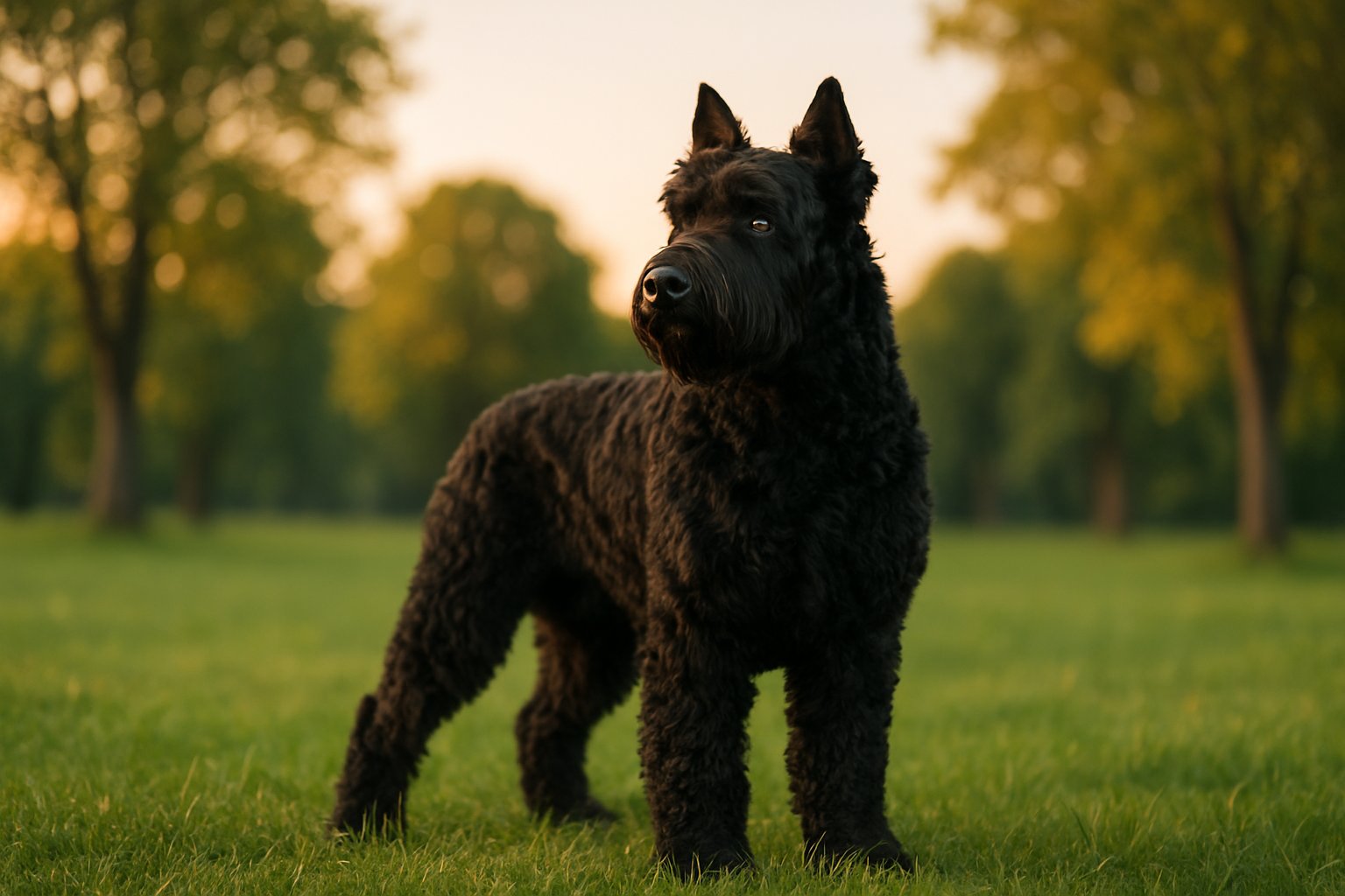 A Black Russian Terrier standing alert in a green park, looking focused and watchful.