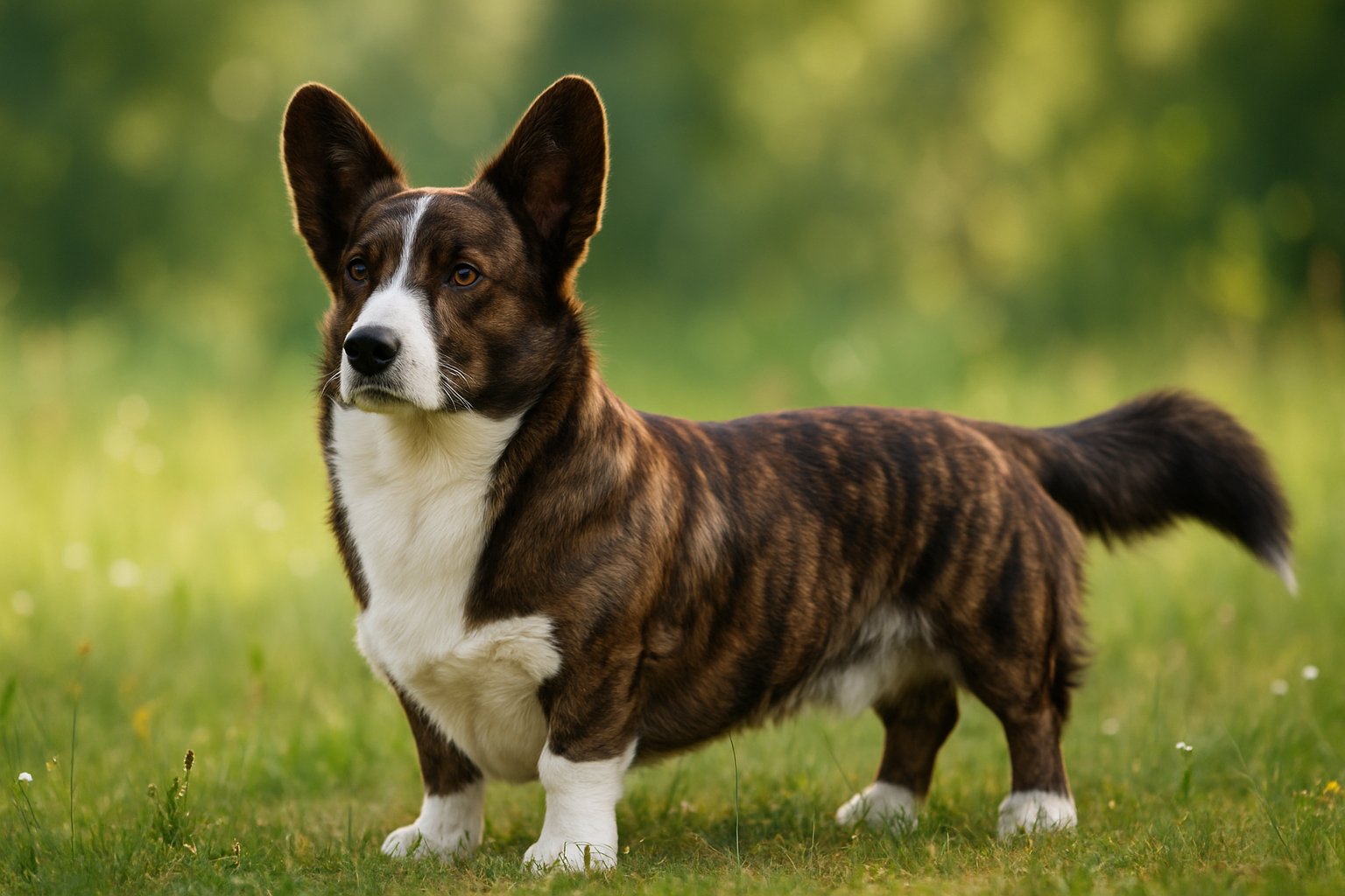A Cardigan Welsh Corgi standing outdoors in a green meadow with wildflowers and trees in the background.
