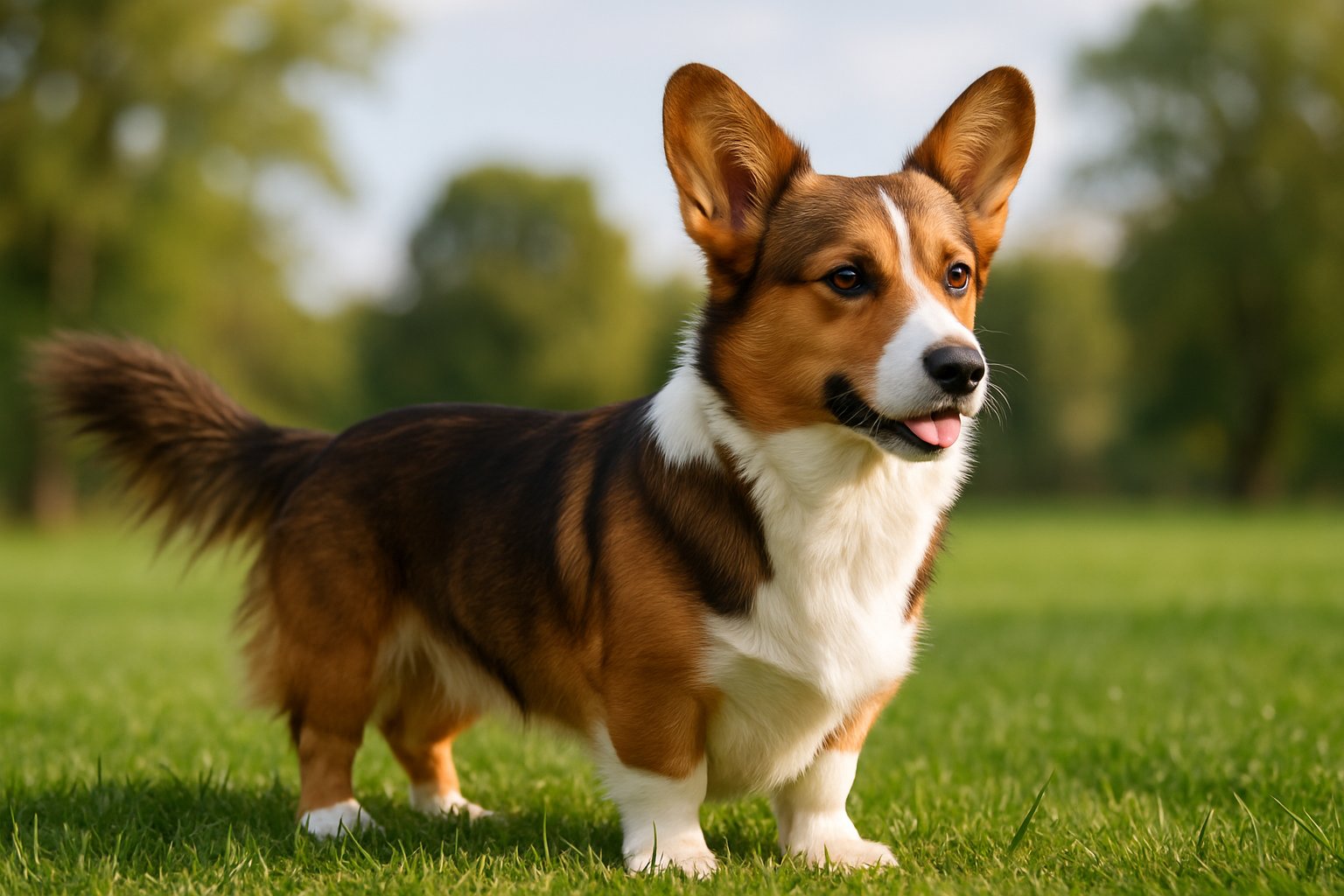 A Cardigan Welsh Corgi standing on green grass outdoors, showing its long tail and alert expression.