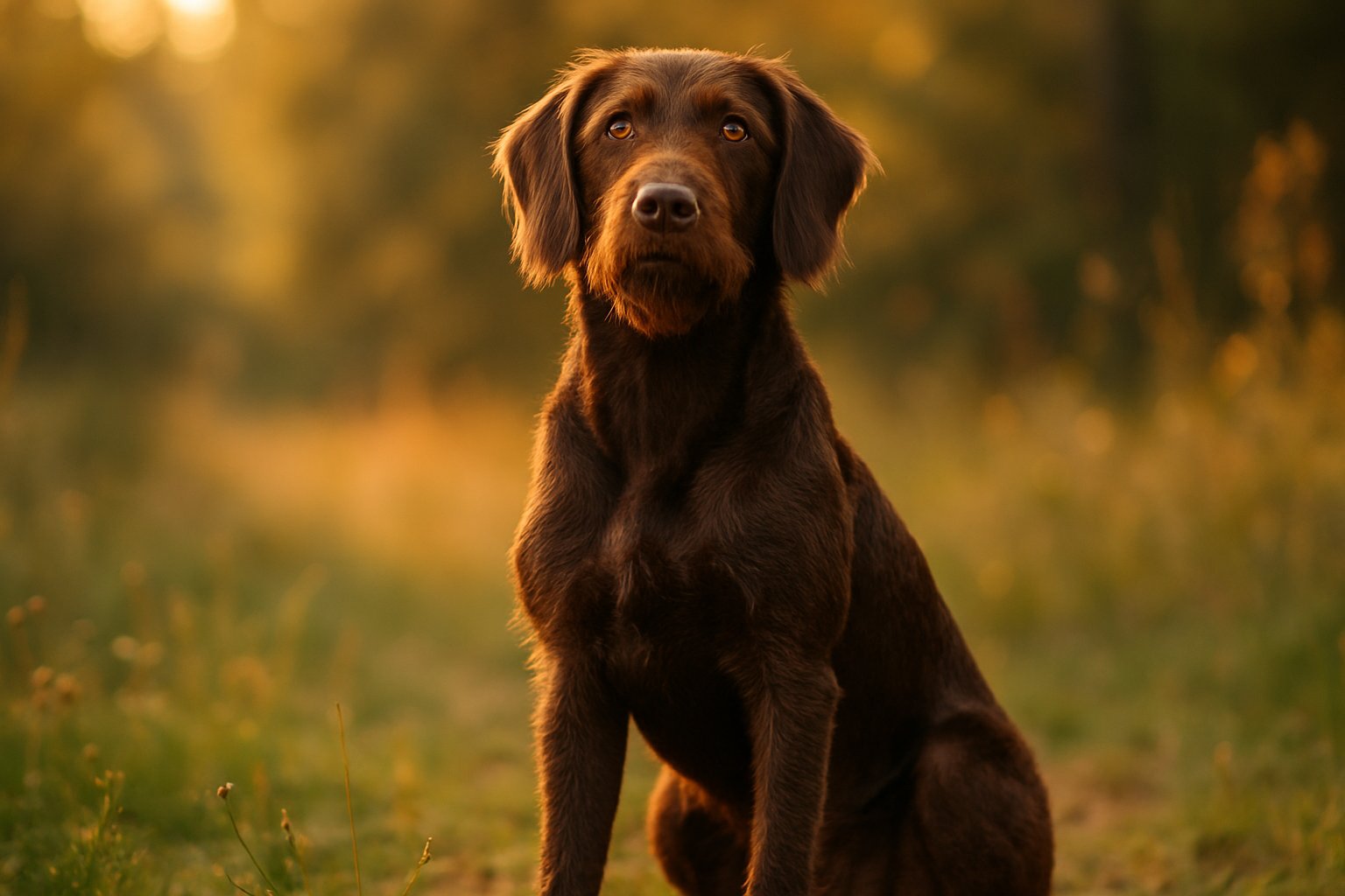 A Pudelpointer dog sitting attentively in a grassy outdoor setting with warm sunlight.