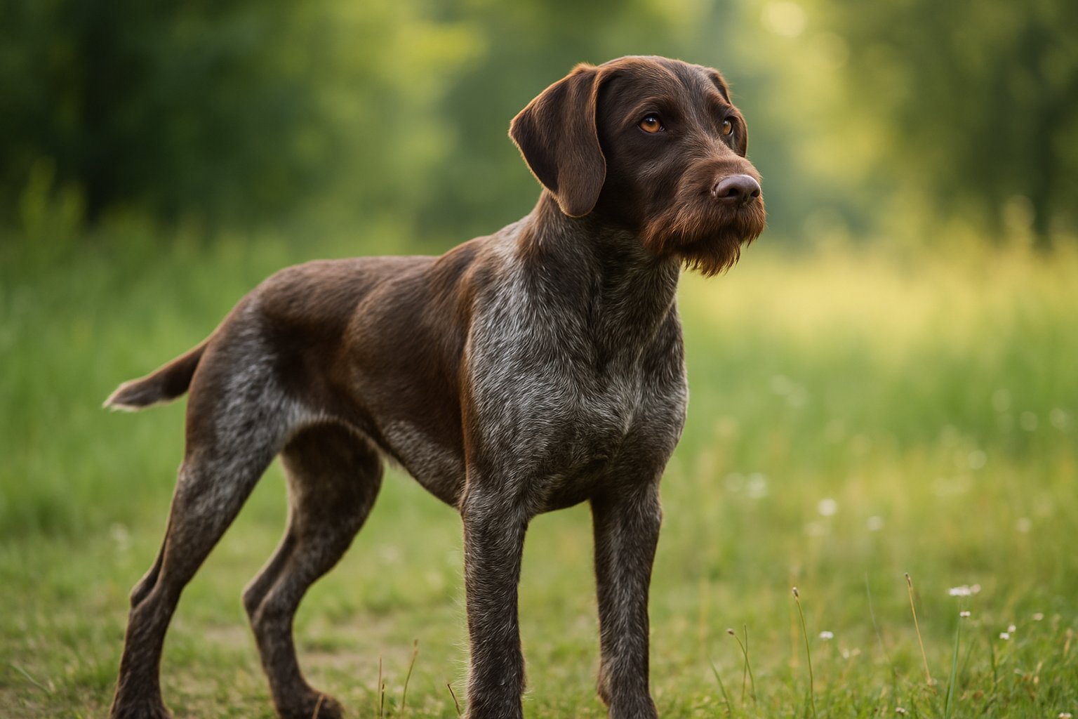 A medium-sized, muscular Pudelpointers dog standing alertly in a green meadow with trees in the background.