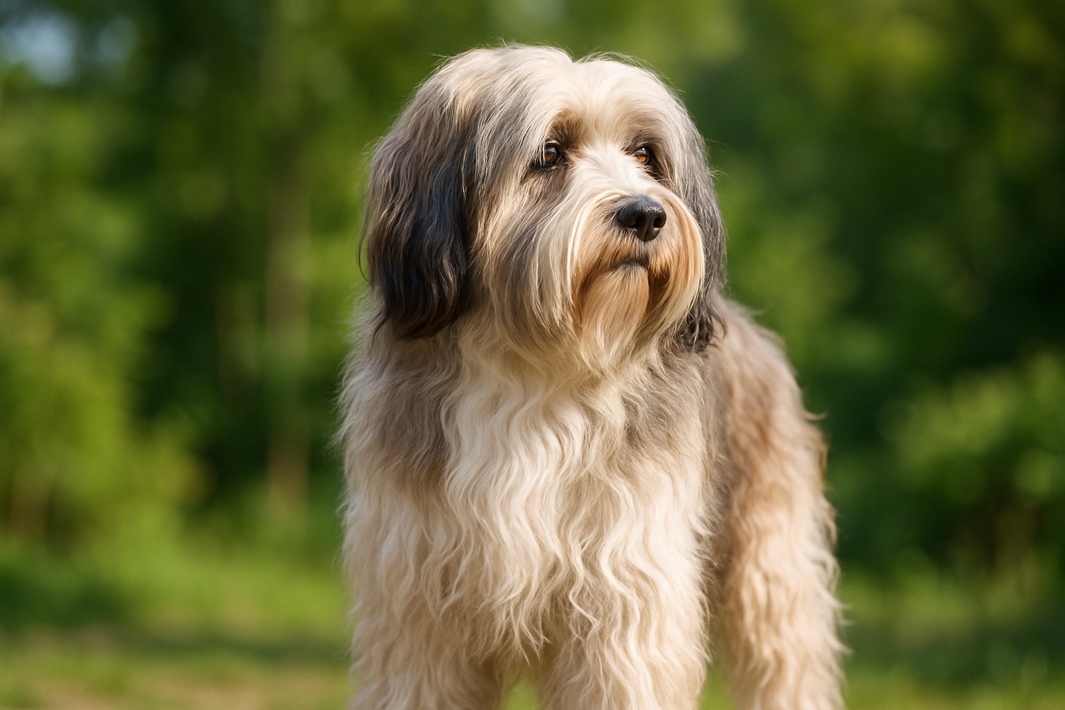 A Tibetan Terrier with a fluffy coat standing outdoors in a green garden area.