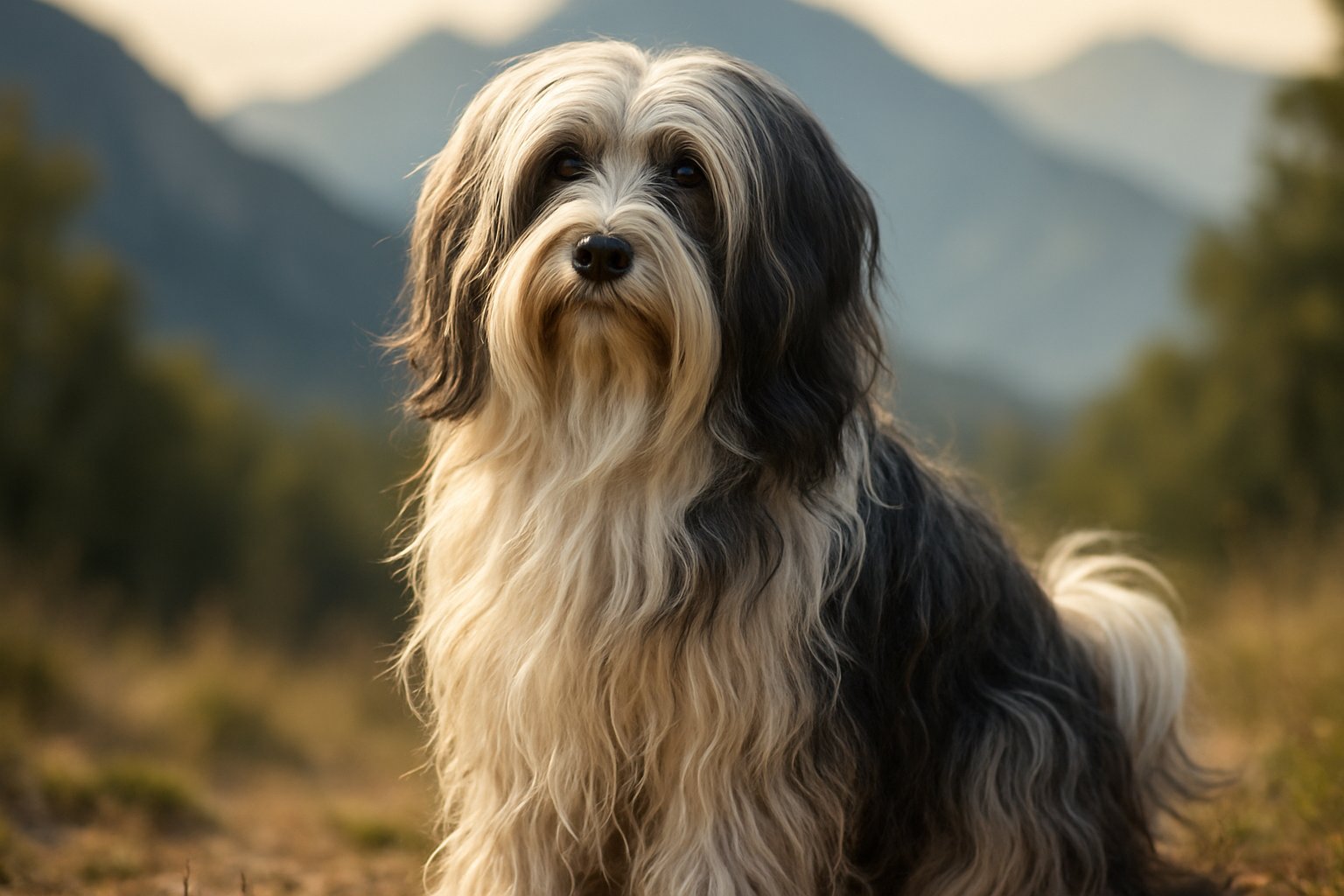 A Tibetan Terrier dog with long flowing fur sitting outdoors in front of a mountainous background.
