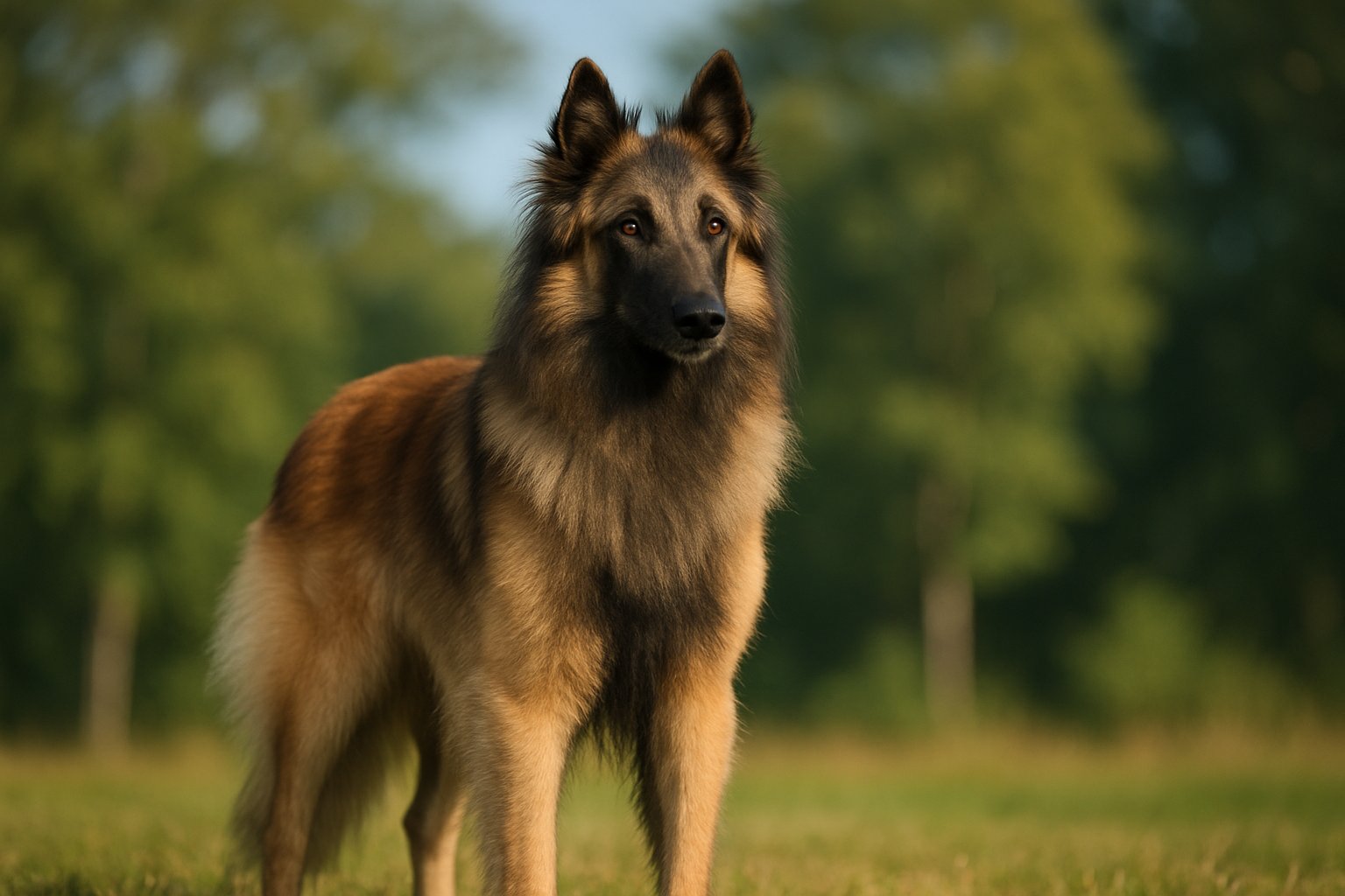 A Belgian Tervuren dog standing alert on grass with trees and sky in the background.