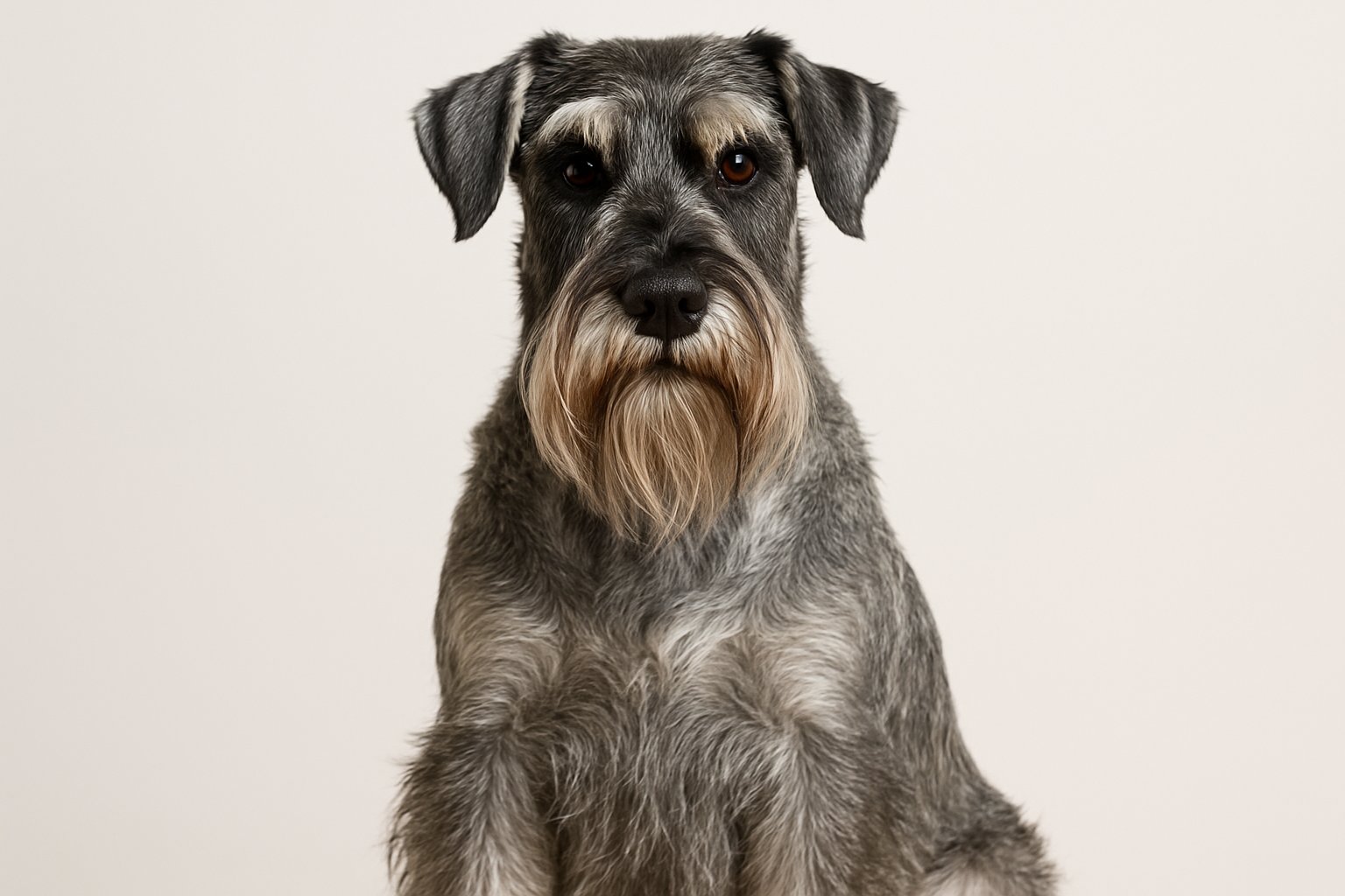 A Standard Schnauzer dog sitting and looking forward, showing its wiry coat, bushy eyebrows, and beard.