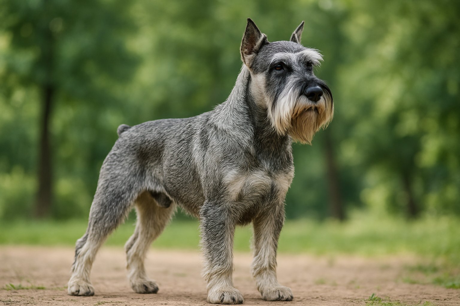 A medium-sized Standard Schnauzer with a salt-and-pepper coat standing outdoors in a green park setting.