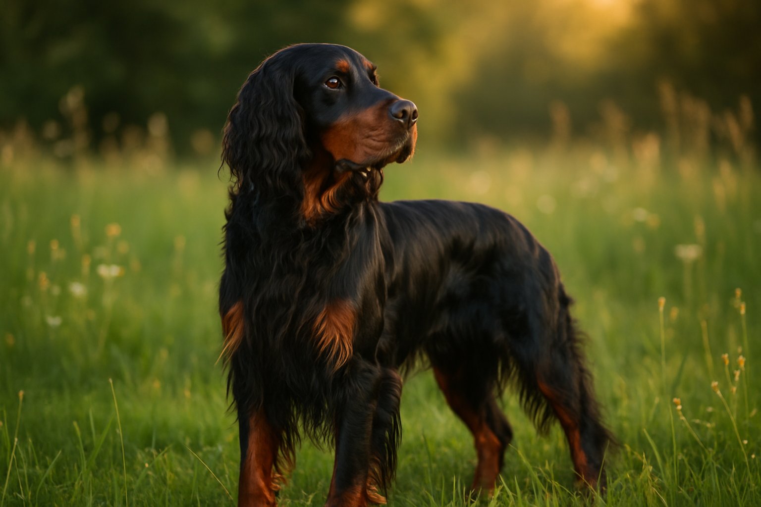 A large black and tan Gordon Setter dog standing in a grassy meadow with wildflowers, looking alert and proud.