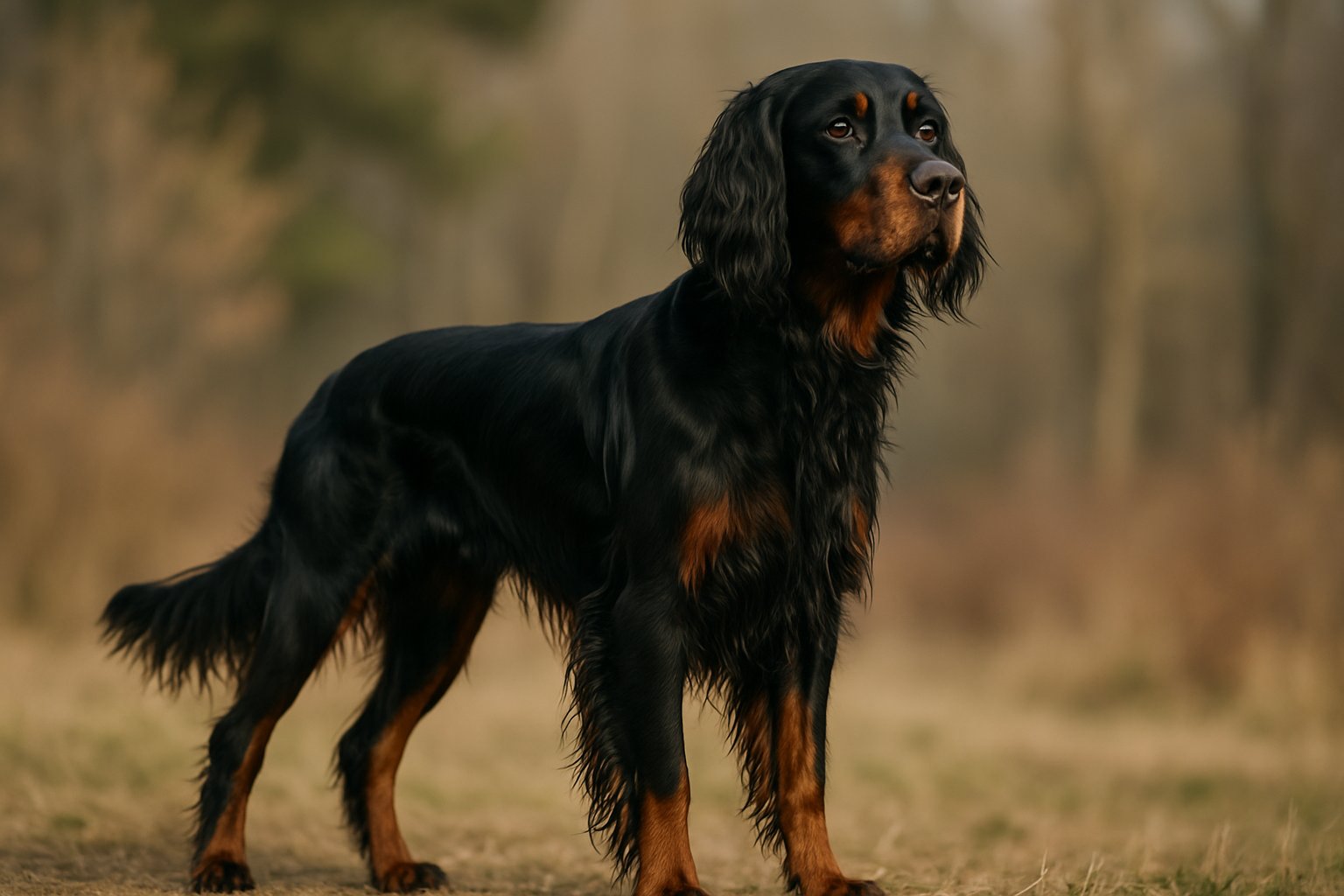 A Gordon Setter dog standing alert outdoors in a natural setting.