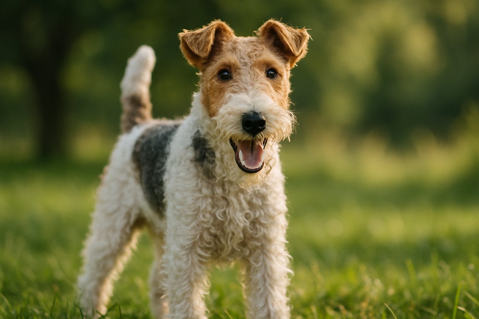 A Wire Fox Terrier standing on green grass outdoors, showing its dense, wiry coat and alert expression.