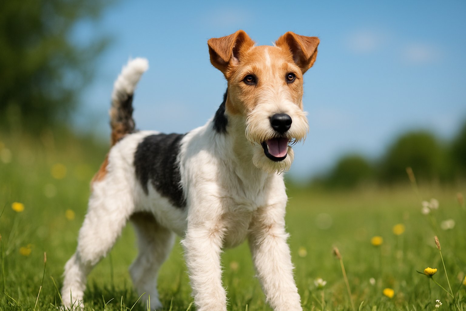 A Wire Fox Terrier standing alert on a grassy field with wildflowers under a clear blue sky.