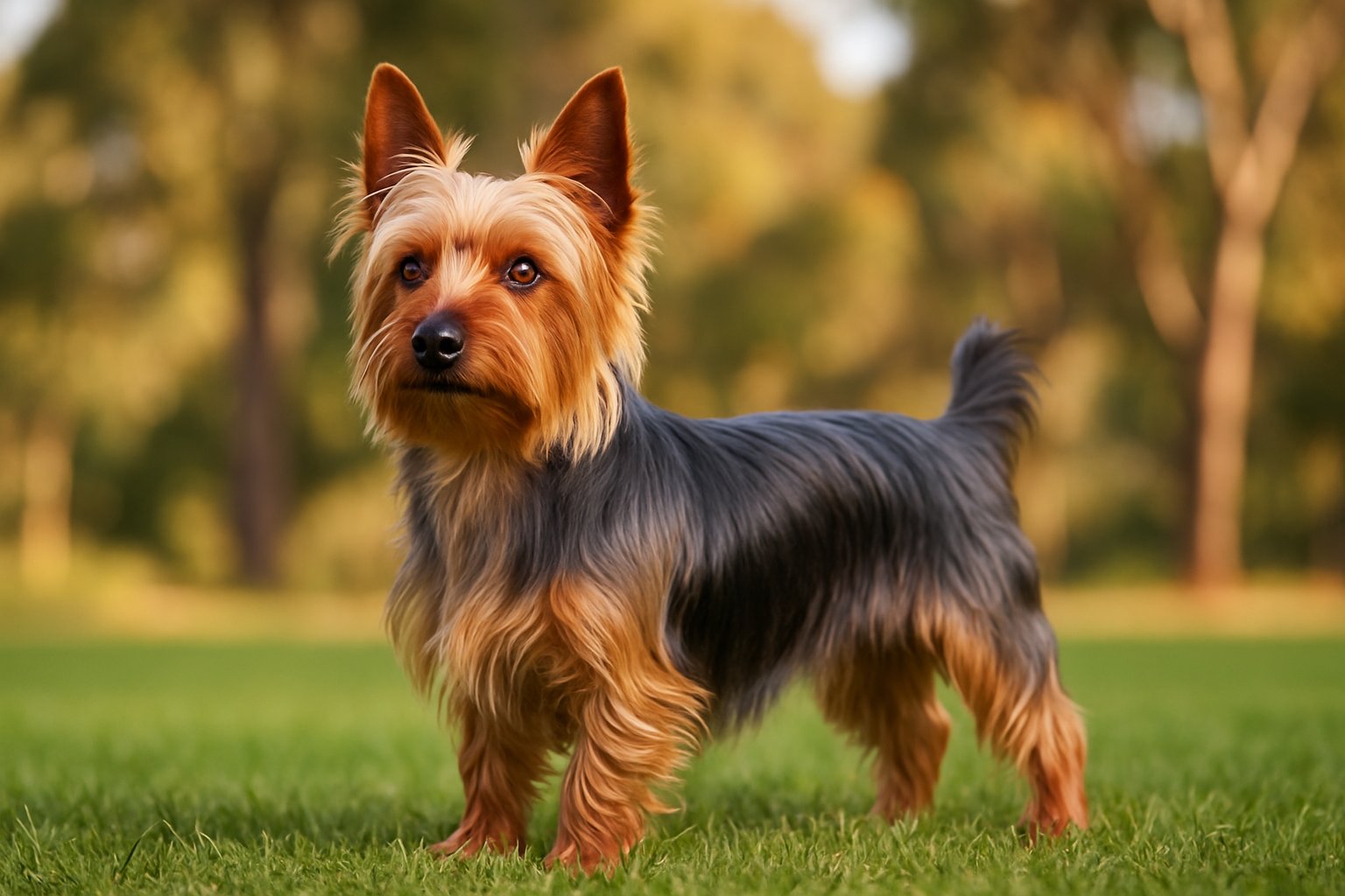 A Silky Terrier dog standing on green grass in a park with sunlight filtering through trees.