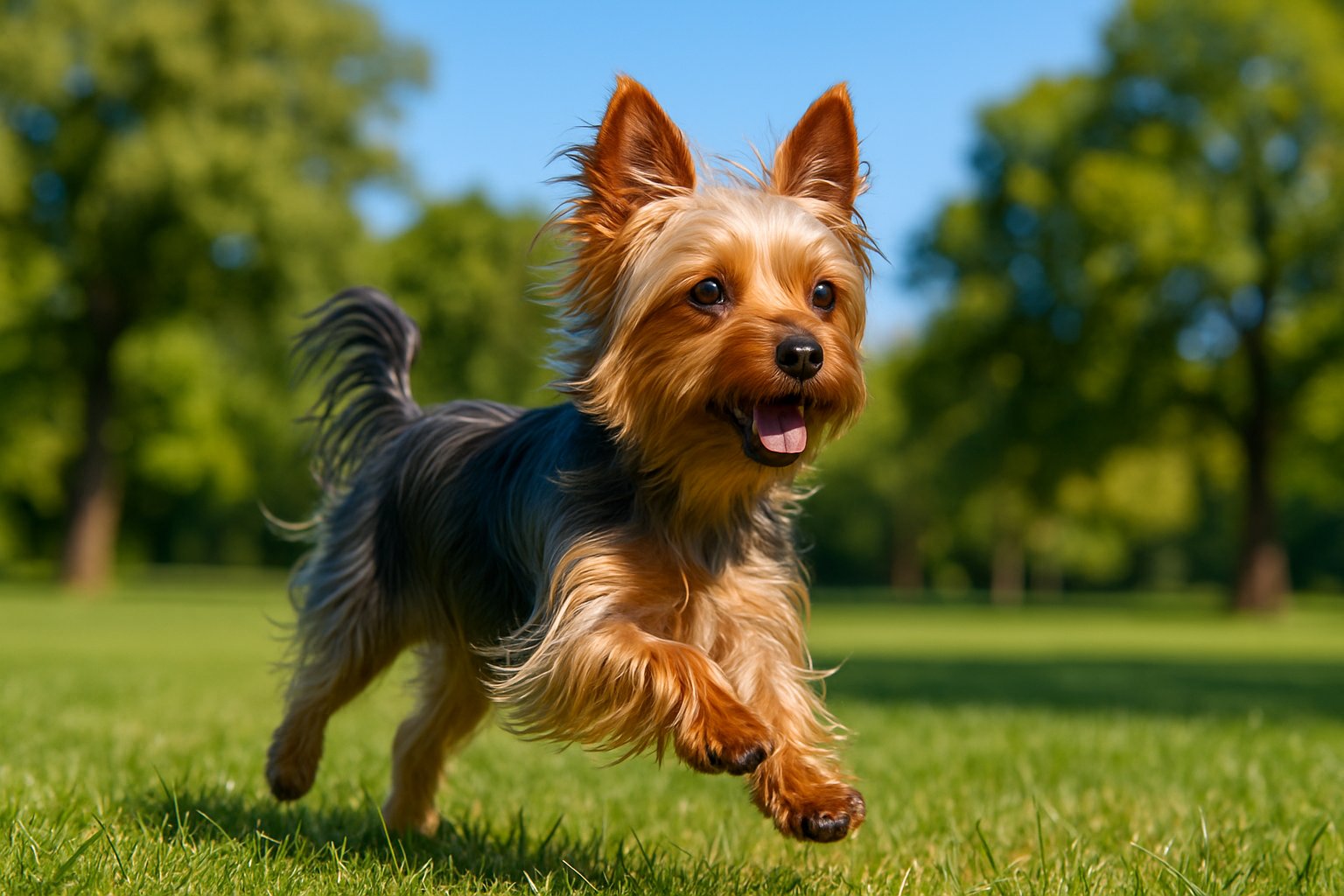 A small Silky Terrier dog running energetically on green grass in a sunny park.