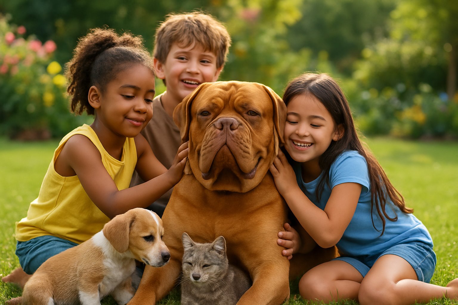 A Dogue de Bordeaux calmly sitting on grass surrounded by happy children petting it and a cat and puppy nearby in a garden.