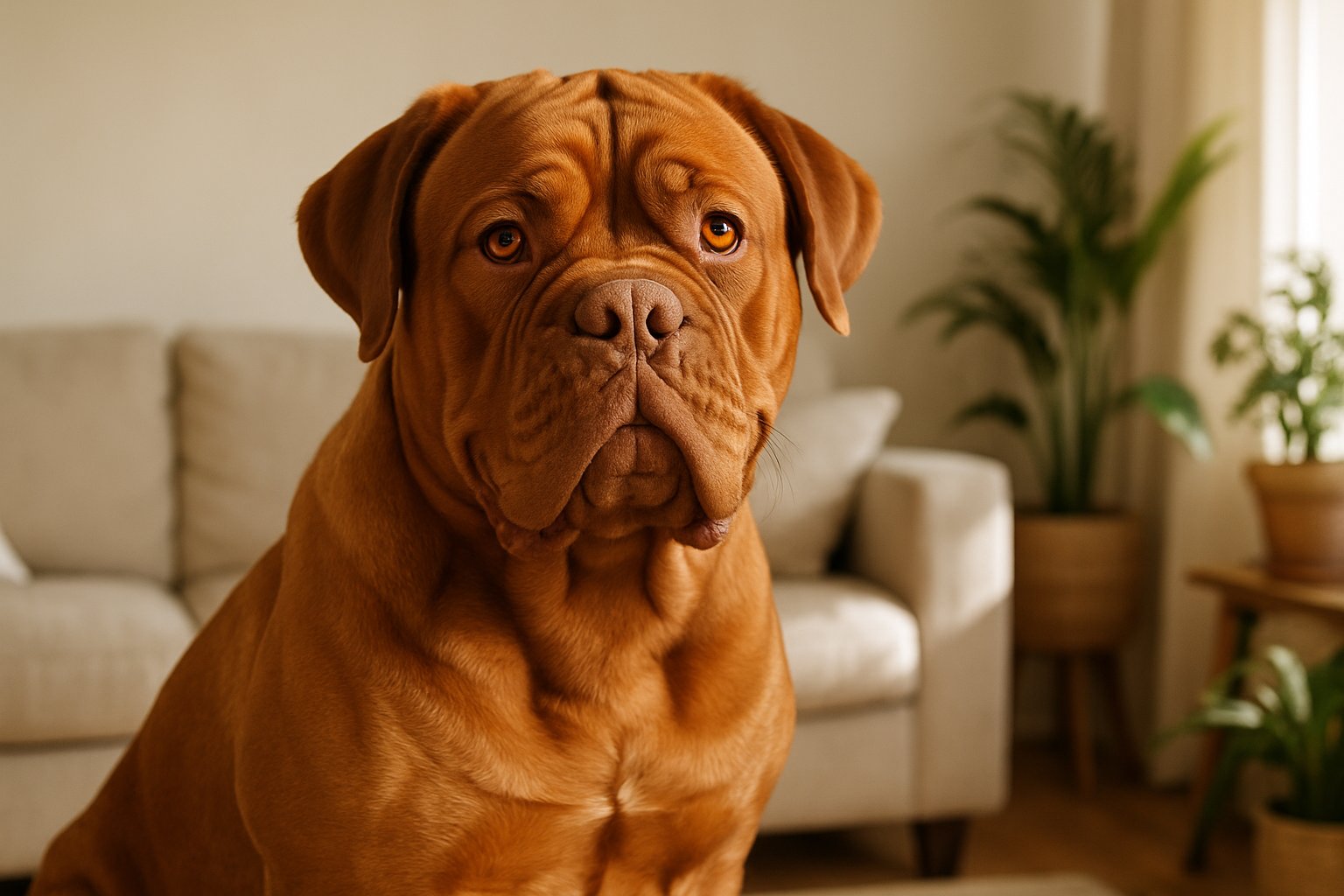 A large Dogue de Bordeaux dog sitting calmly in a sunlit living room, looking gentle and affectionate.
