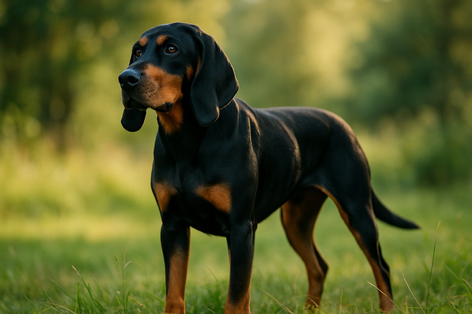 A Black and Tan Coonhound standing outdoors on grass, looking alert with its ears hanging down.