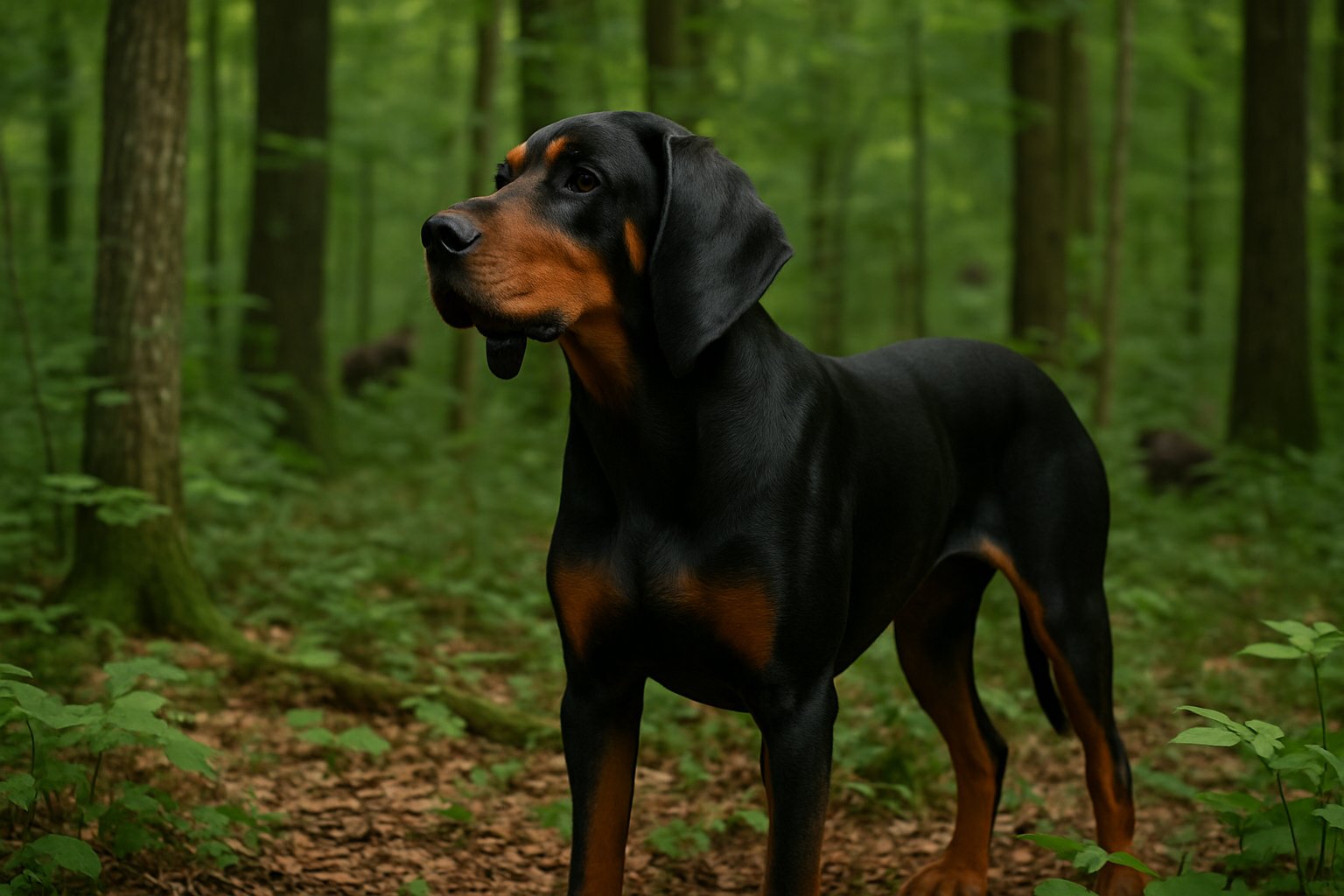 A black and tan coonhound standing alert in a forest with trees and green foliage around it.
