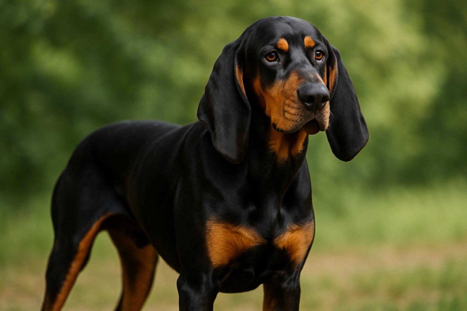 A Black and Tan Coonhound dog standing outdoors with black and tan fur and long ears.