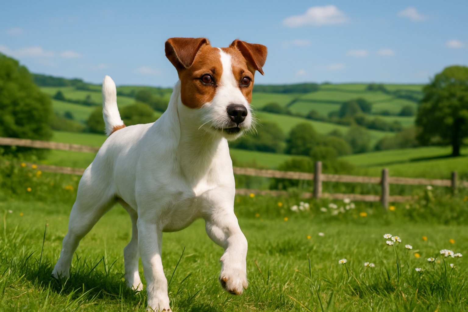 A Parson Russell Terrier standing alert in a green countryside with rolling hills and wildflowers in the background.