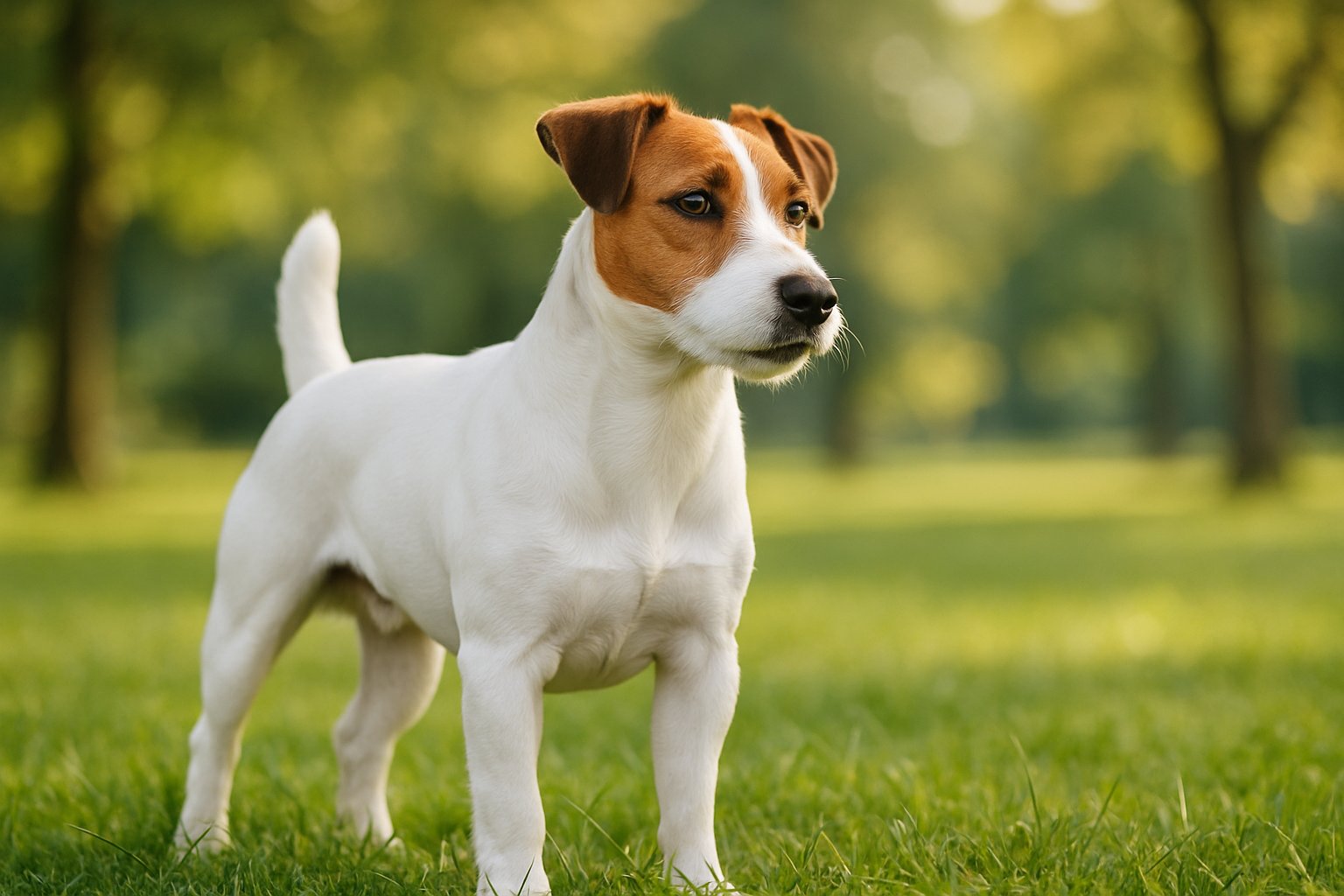 A Parson Russell Terrier standing on grass in a park, looking alert and attentive.