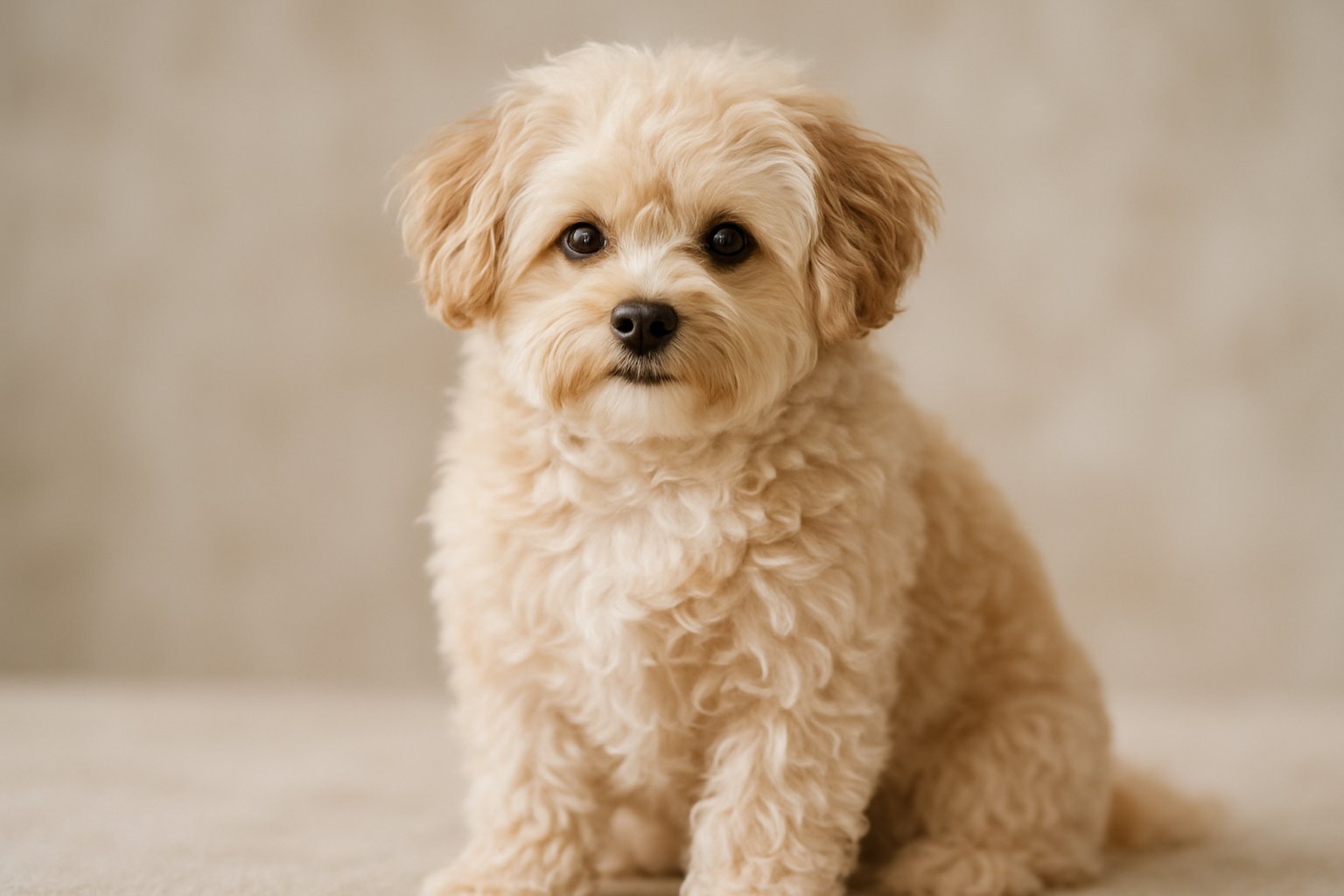 A fluffy Pomapoo dog with cream and light brown fur sitting calmly and looking forward.