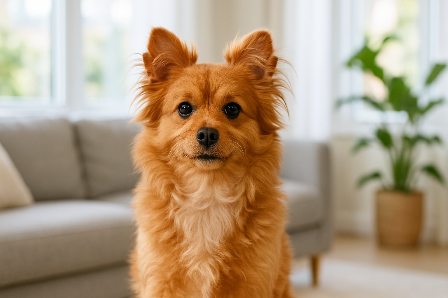 A Pomapoo dog sitting attentively in a bright living room with natural light and plants.