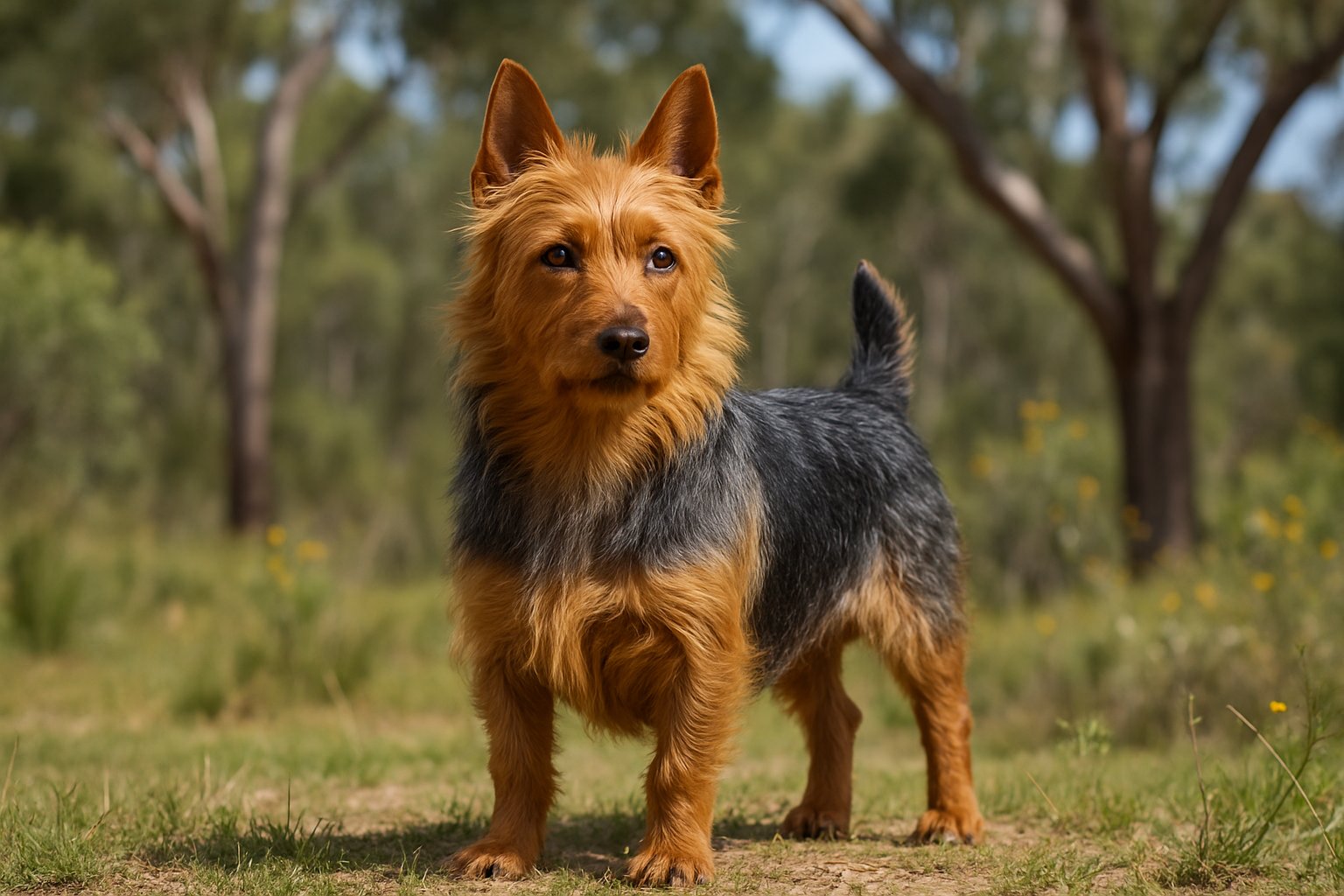 An Australian Terrier dog standing on grass with eucalyptus trees and wildflowers in the background.