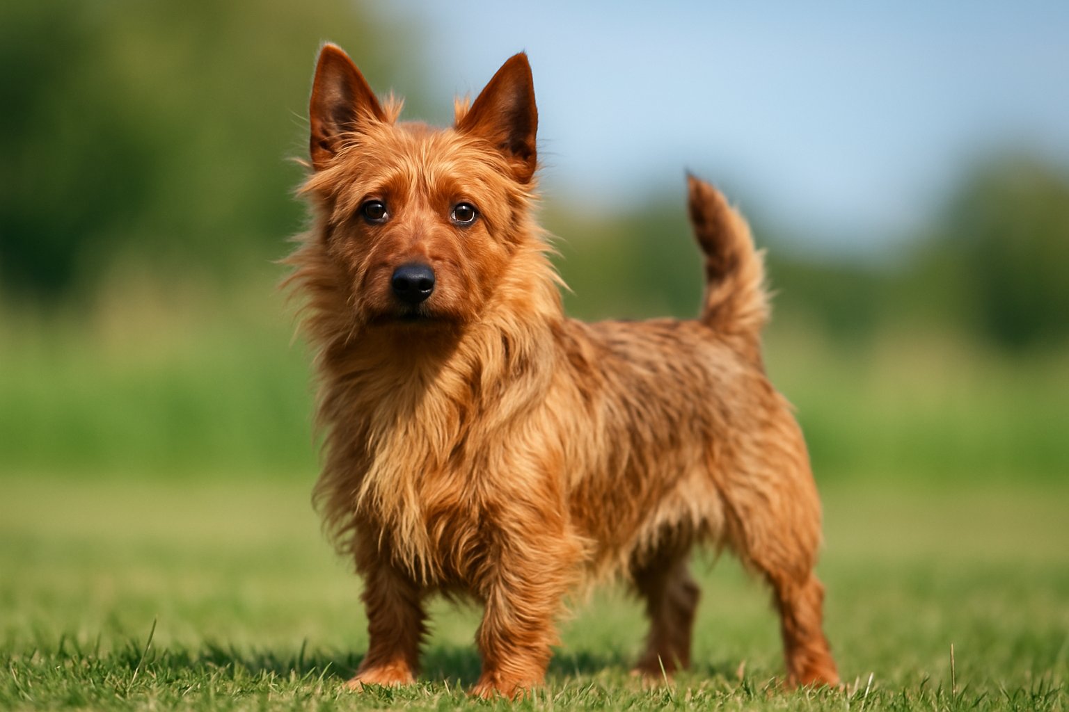 A small Australian Terrier dog standing alert on grass with a blurred natural background.