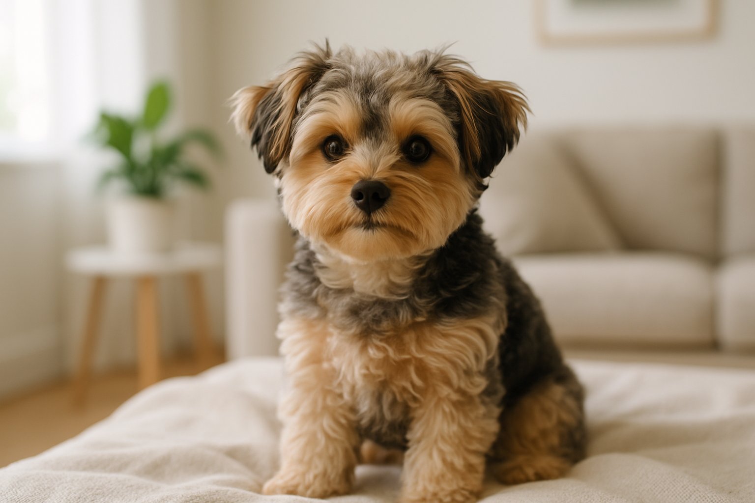 A small Yorkipoo dog sitting on a blanket in a bright living room with natural light.