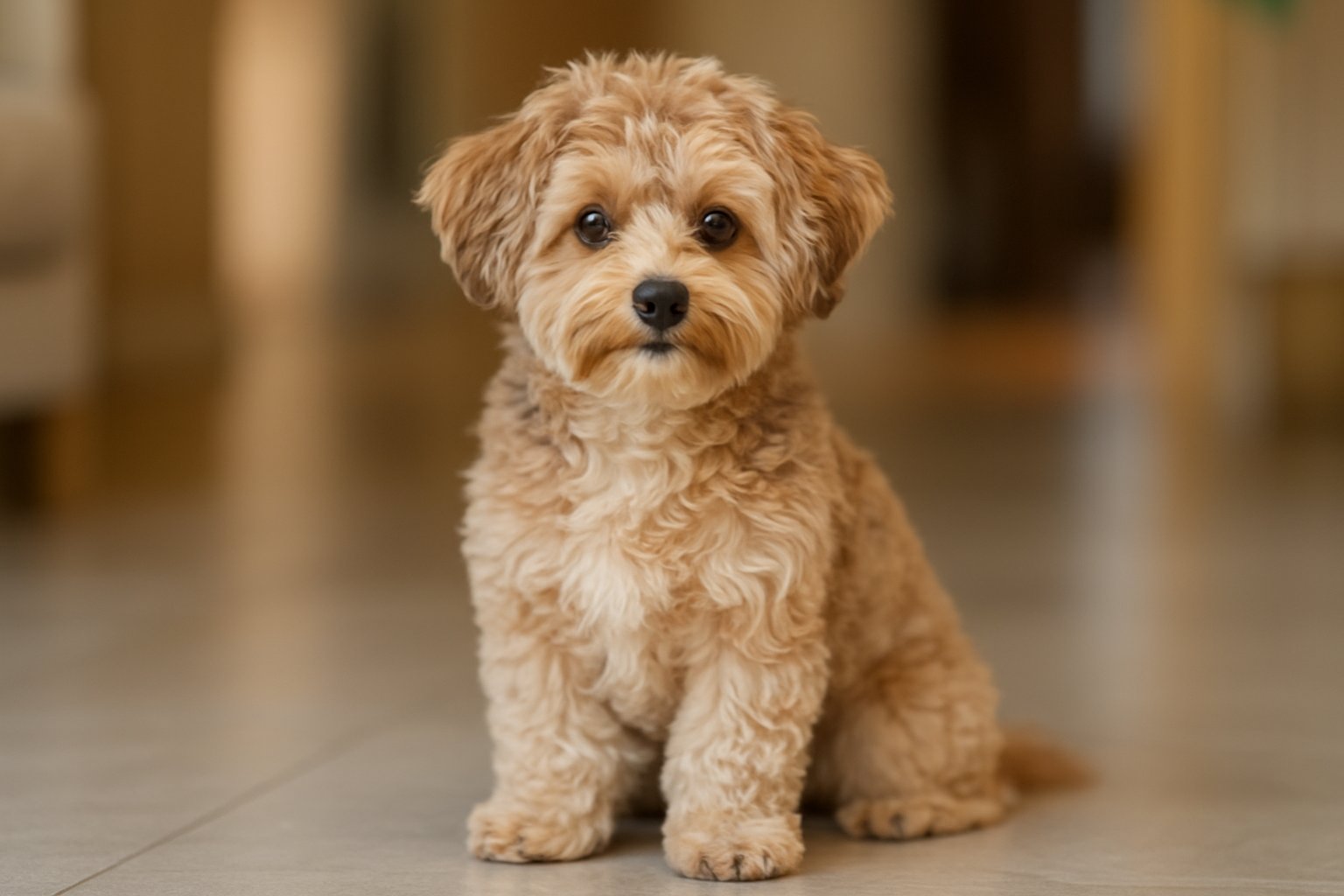 A Yorkipoo dog with fluffy light brown and cream fur sitting indoors, looking alert and friendly.