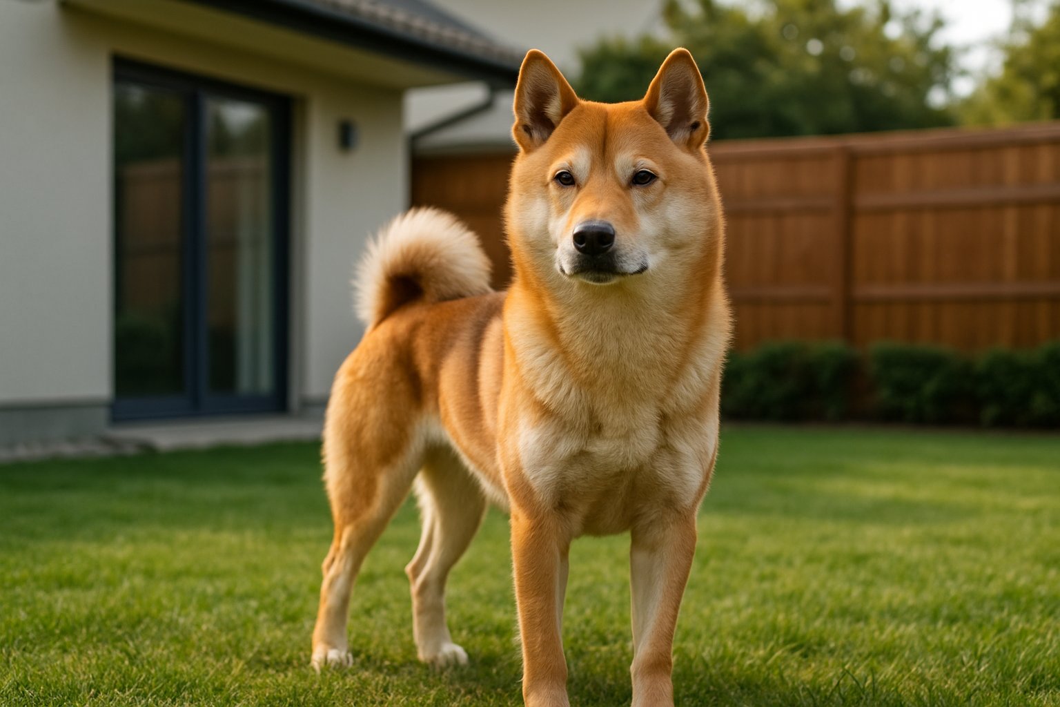 A Jindo dog standing alert in a backyard with a house and fence in the background.