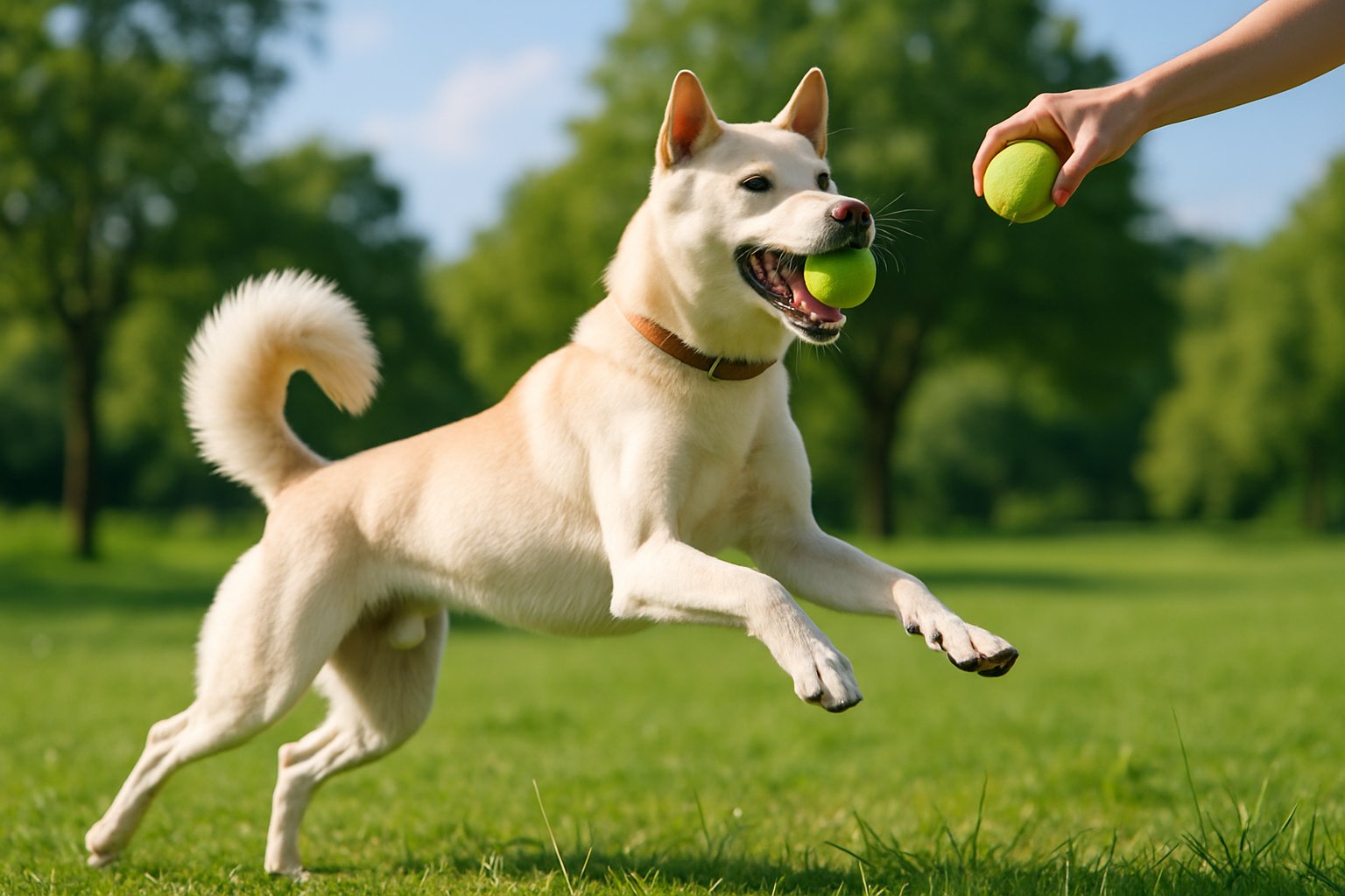 A Jindo dog running and playing outdoors in a sunny park with green grass and trees.