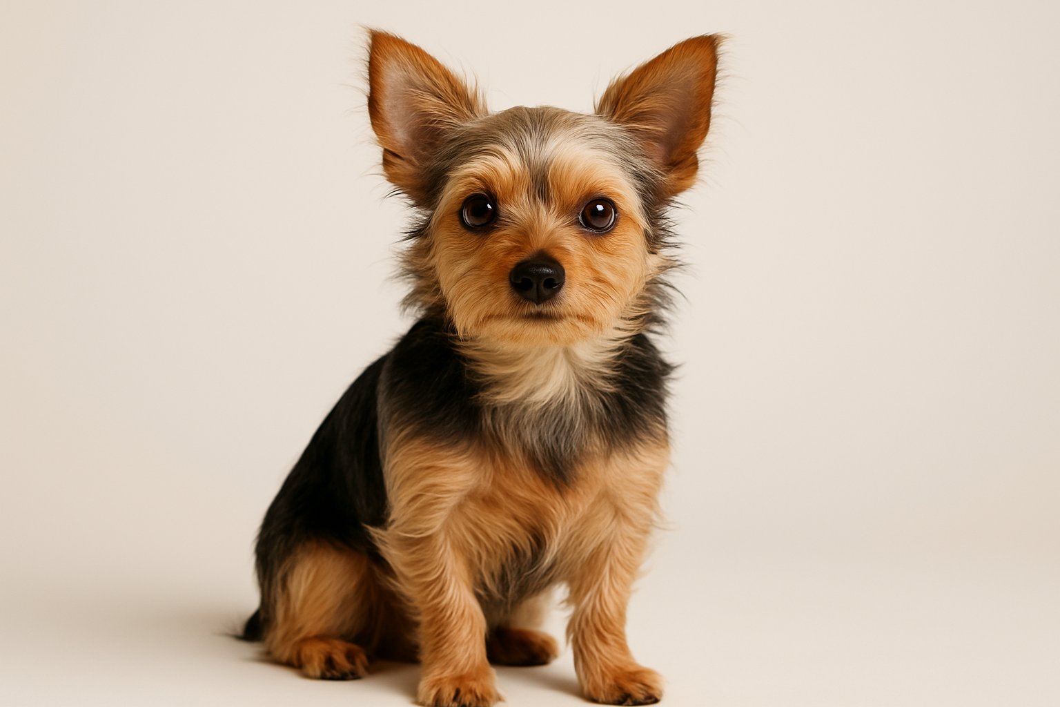 A small Chorkie dog with tan and black fur sitting and looking attentively against a plain background.