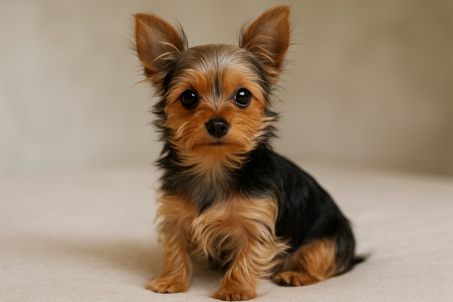 A small Chorkie dog sitting calmly on a soft surface with a blurred background.