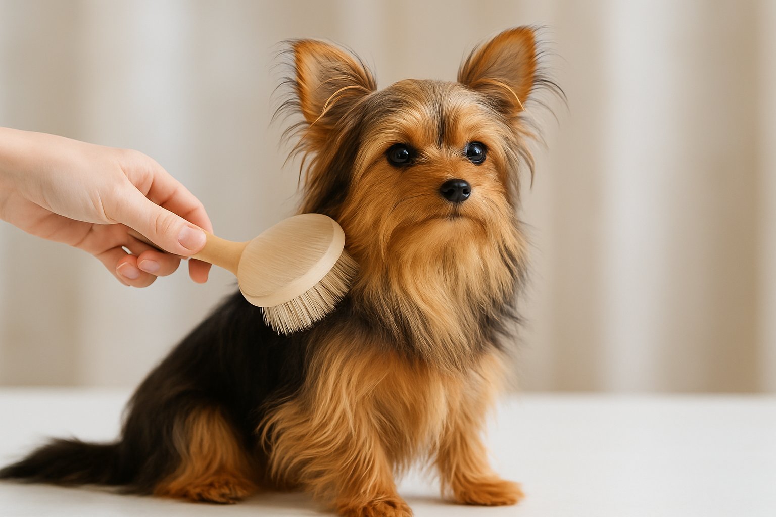 A long-haired Chorkie dog being gently brushed by a hand on a white surface.