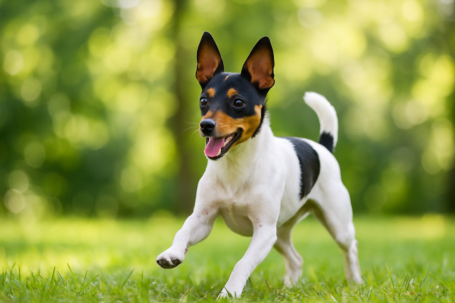 A small Toy Fox Terrier dog playing outdoors in a sunny green area with trees in the background.