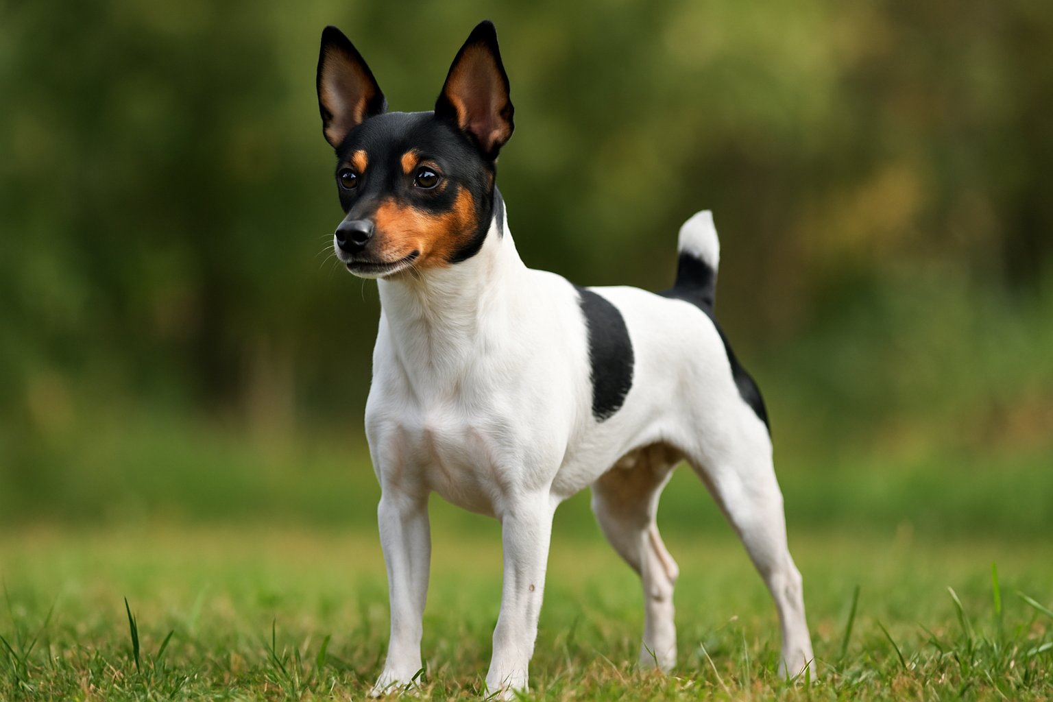 A small Toy Fox Terrier standing alert in a grassy outdoor area with a blurred natural background.