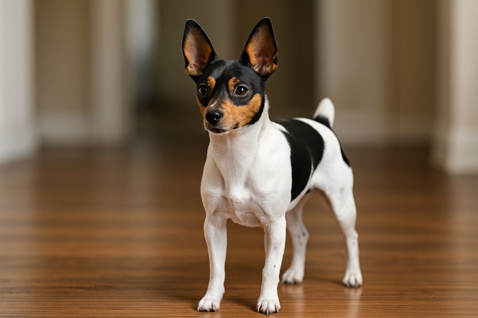 A small Toy Fox Terrier standing alert on a wooden floor indoors.