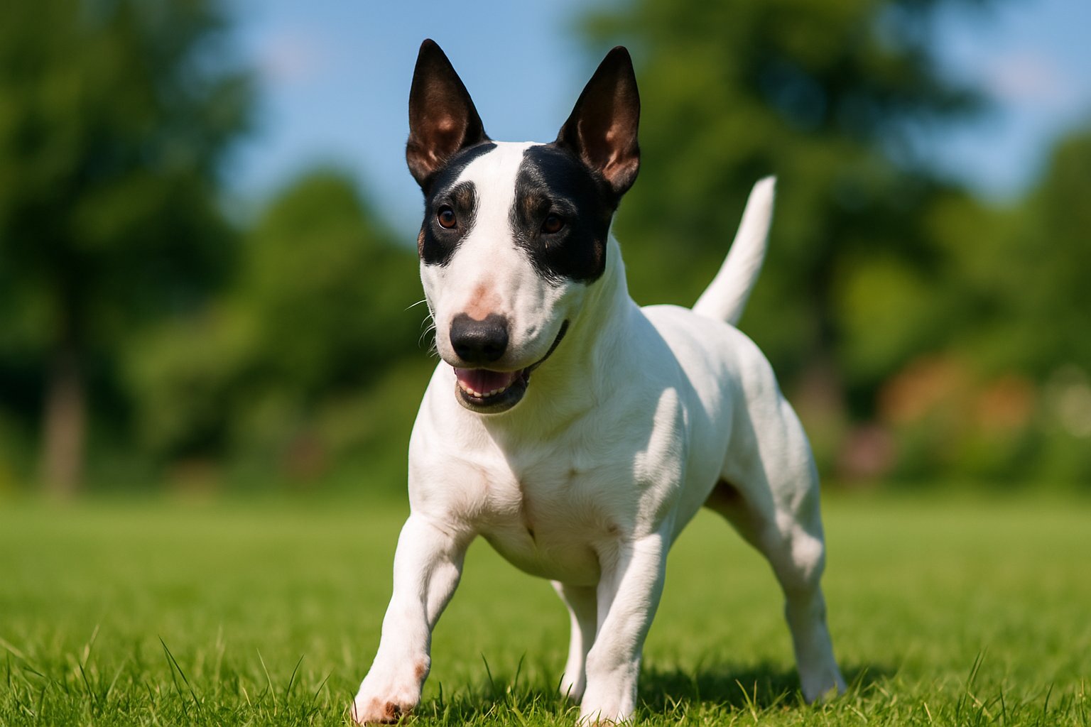 A Miniature Bull Terrier standing alert on green grass with a blurred outdoor background.
