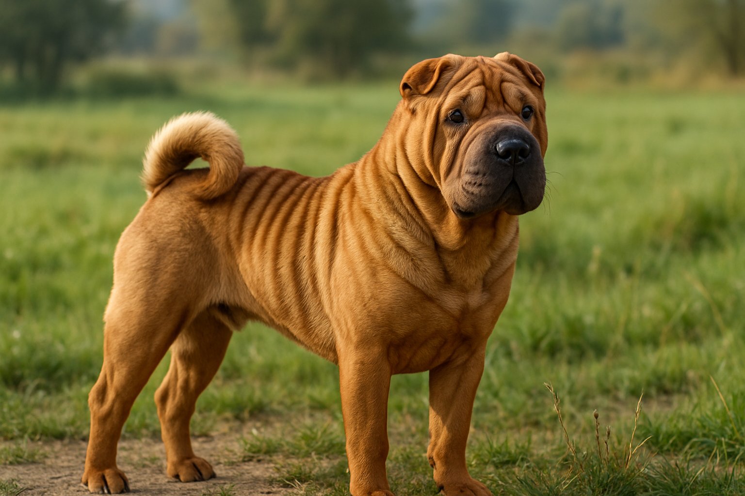 A Chinese Shar-Pei dog standing outdoors on grass, looking alert with its distinctive wrinkled skin and curled tail.