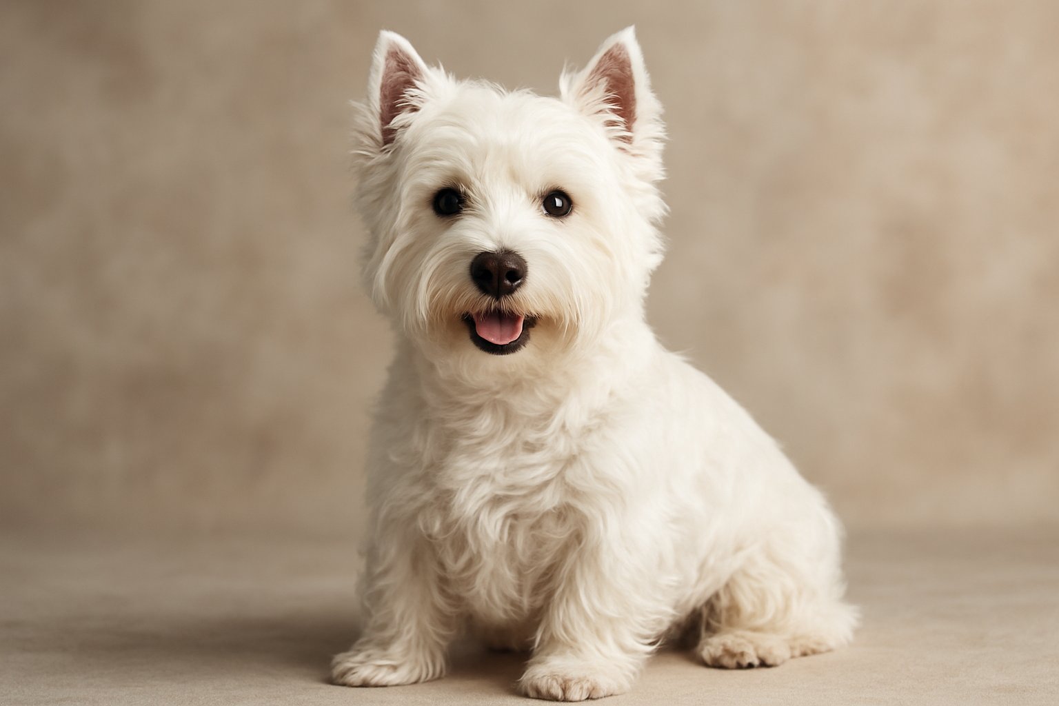 A West Highland White Terrier with a fluffy white coat sitting and looking forward.